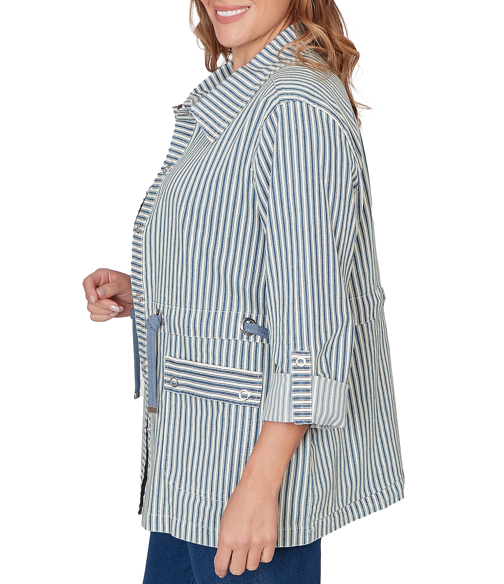 Ruby Rd. Plus Size Cotton-Blend Stripe Point Collar Long-Roll Tab Sleeve Anorak Jacket
