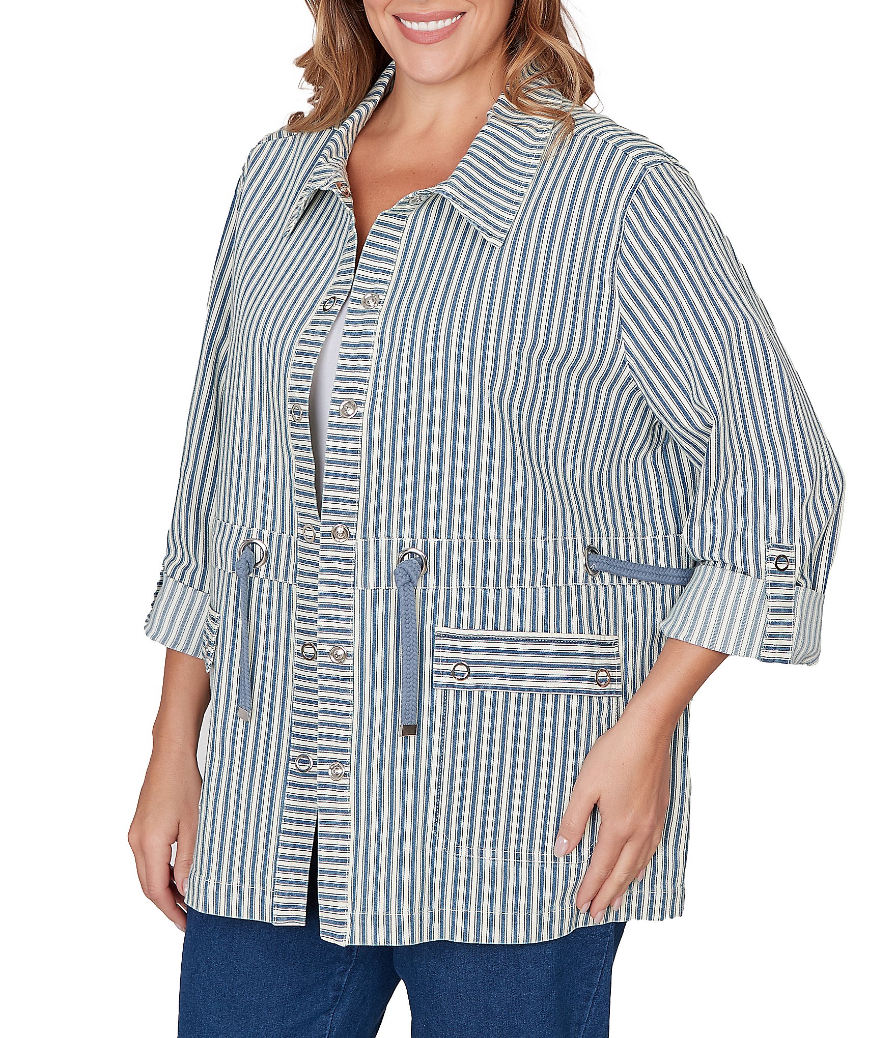Ruby Rd. Plus Size Cotton-Blend Stripe Point Collar Long-Roll Tab Sleeve Anorak Jacket