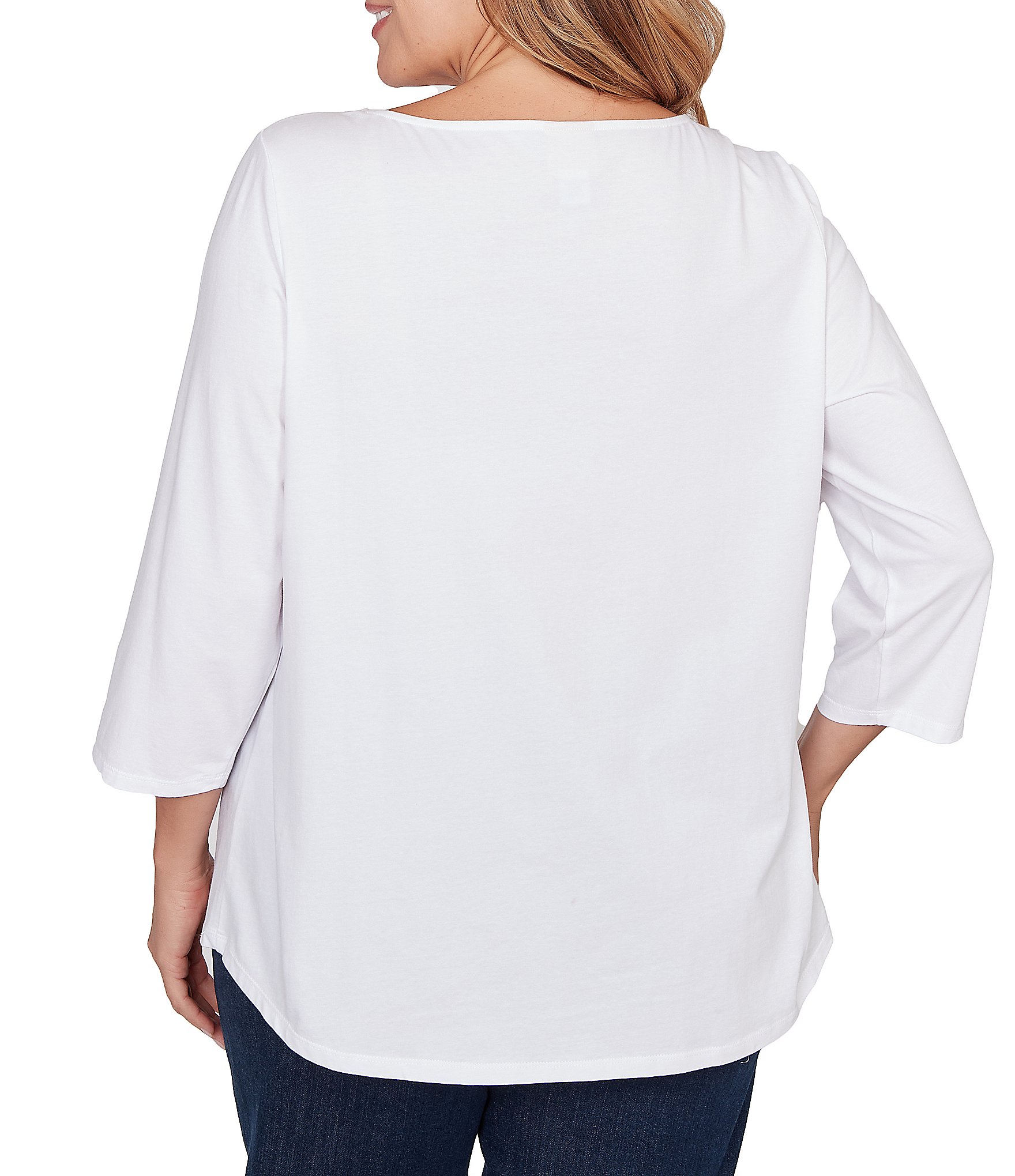 Ruby Rd. Plus Size Cotton Jersey Bella Vista Embellished Crew Neck 3/4 Sleeve Tee