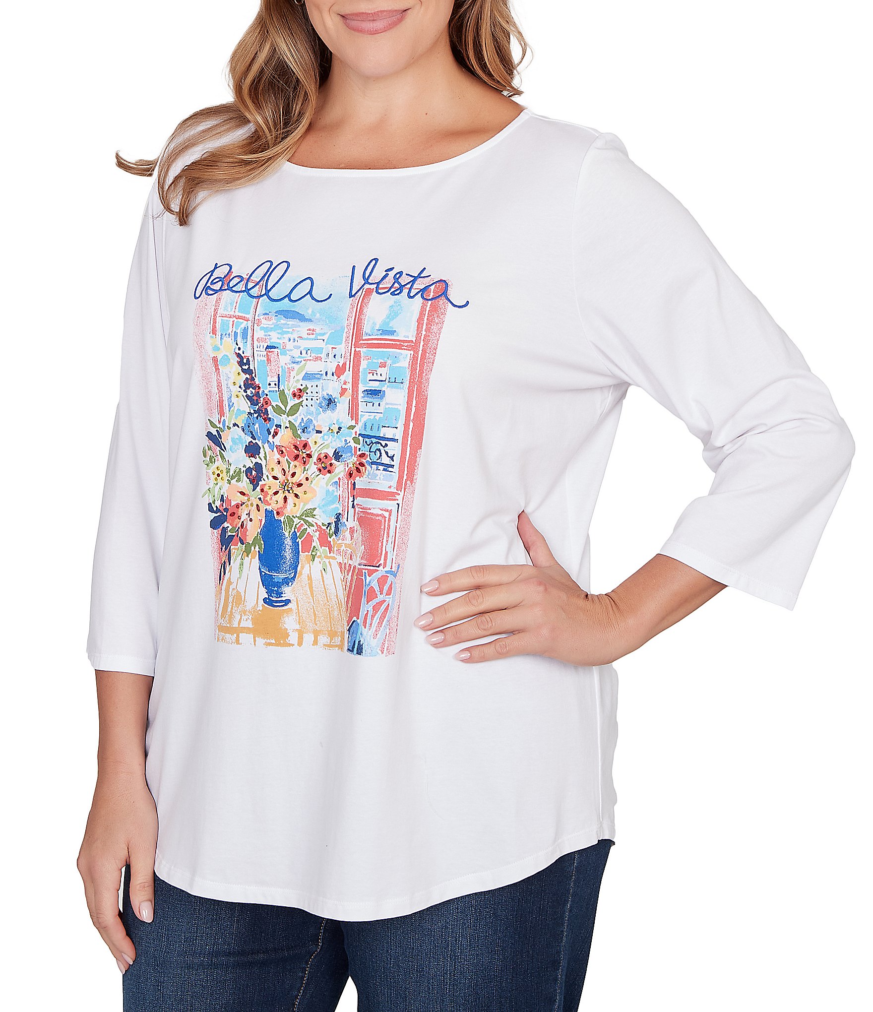 Ruby Rd. Plus Size Cotton Jersey Bella Vista Embellished Crew Neck 3/4 Sleeve Tee