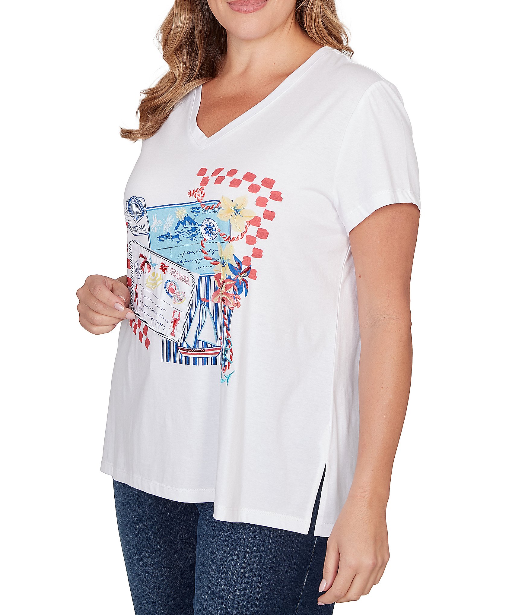 Ruby Rd. Plus Size Cotton Jersey Knit Sequin Beaded Postcard Print V-Neck Short Sleeve Tee