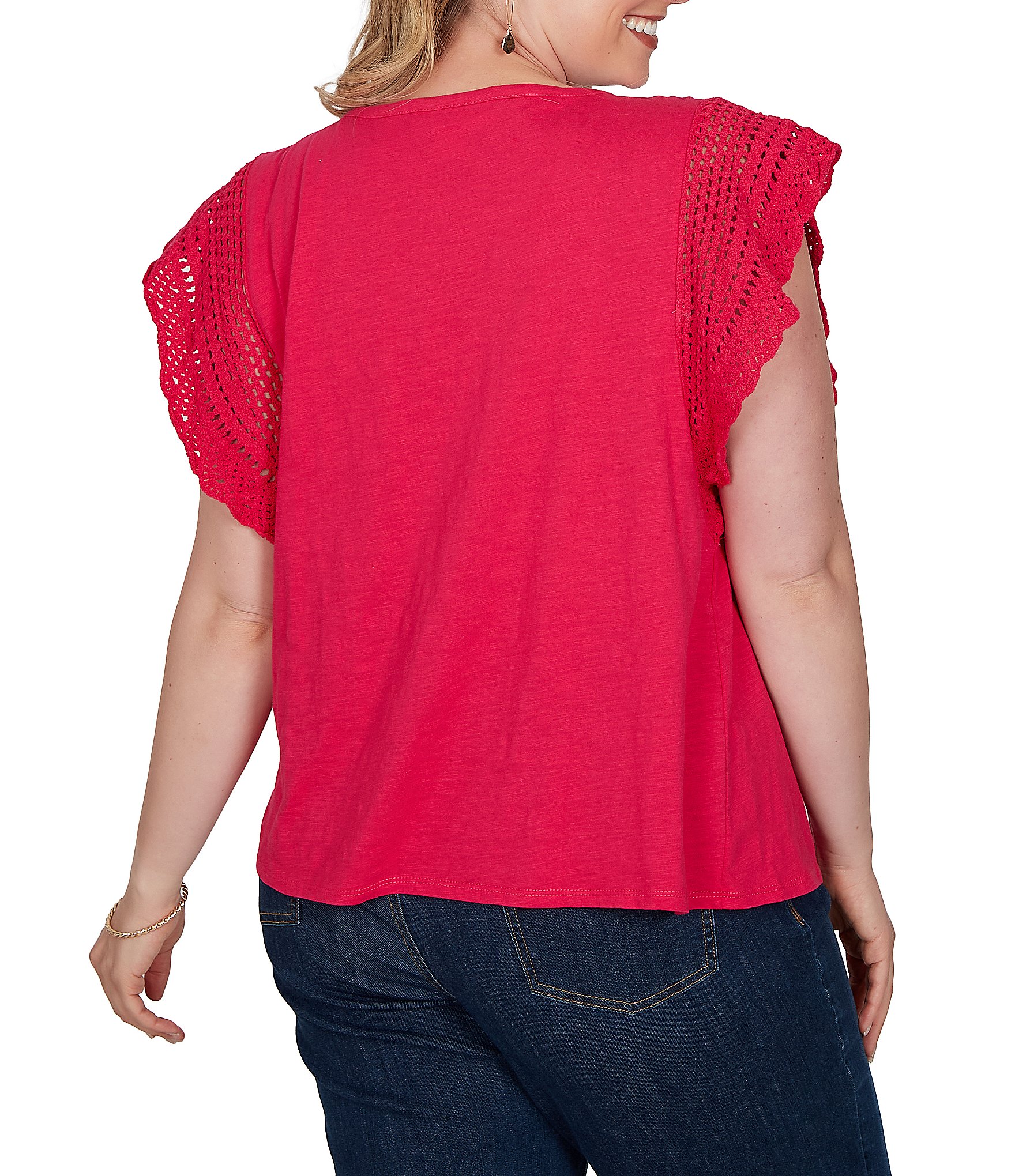 Ruby Rd. Plus Size Cotton Slub Jersey Knit Solid Scoop Neck Crochet Trim Sleeve Top