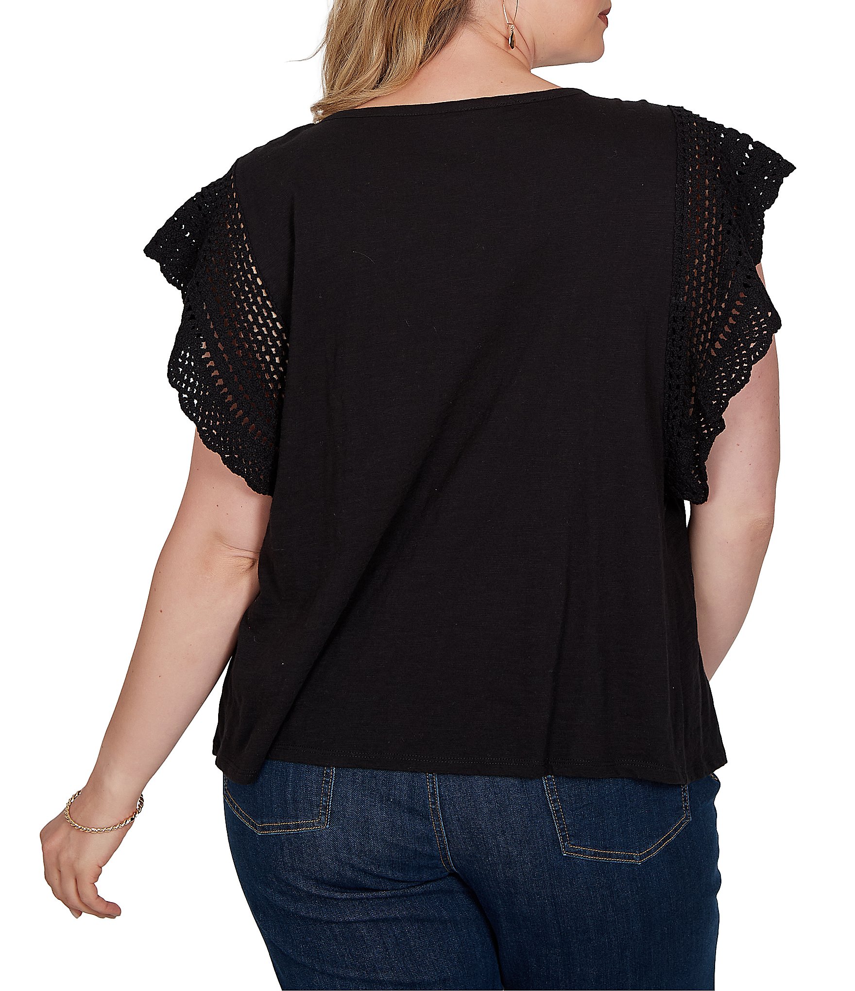Ruby Rd. Plus Size Cotton Slub Jersey Knit Solid Scoop Neck Crochet Trim Sleeve Top