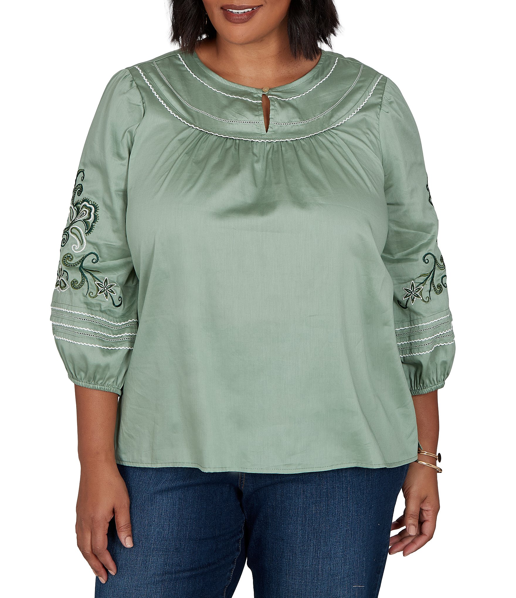 Ruby Rd. Plus Size Cotton Voile Embroidered Round Neck 3/4 Sleeve Top