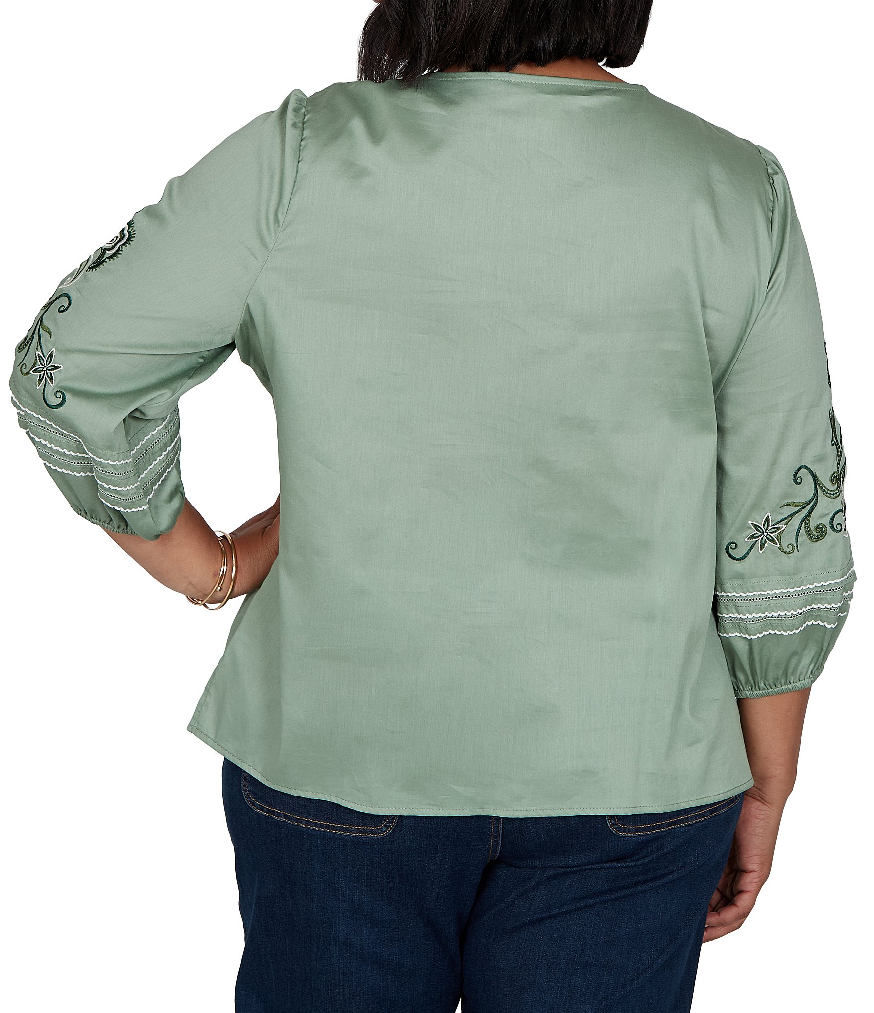 Ruby Rd. Plus Size Cotton Voile Embroidered Round Neck 3/4 Sleeve Top