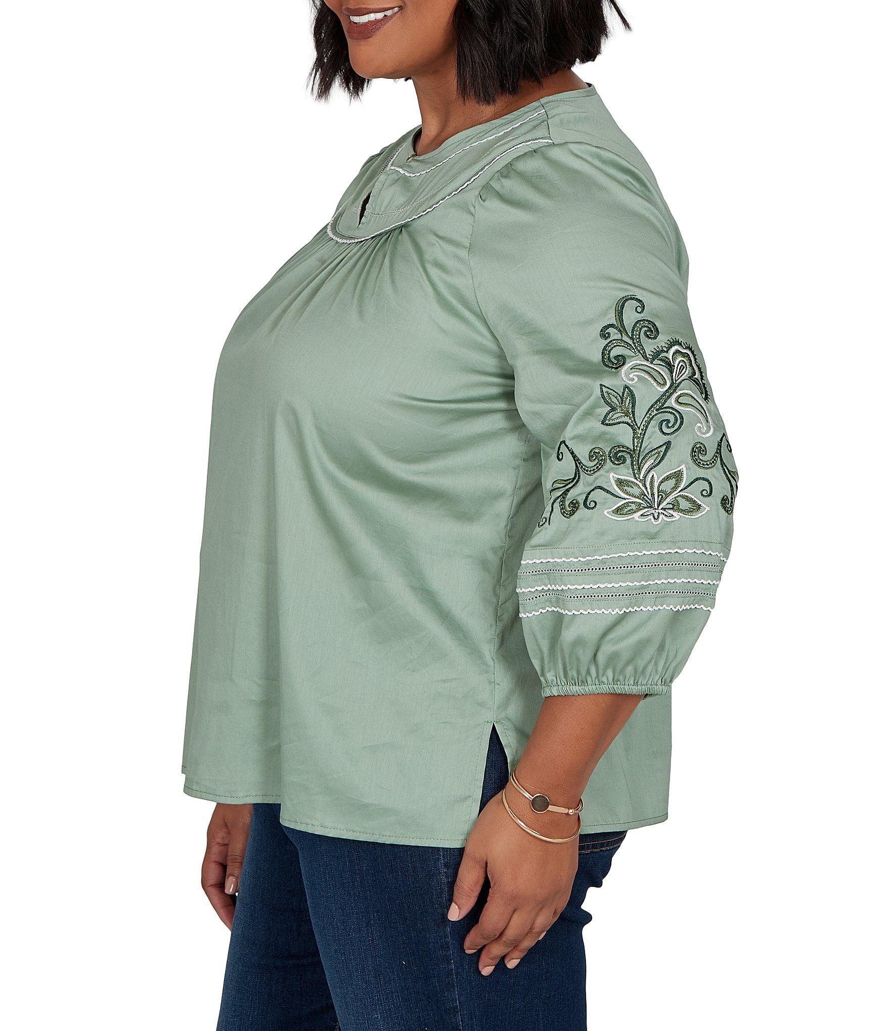Ruby Rd. Plus Size Cotton Voile Embroidered Round Neck 3/4 Sleeve Top