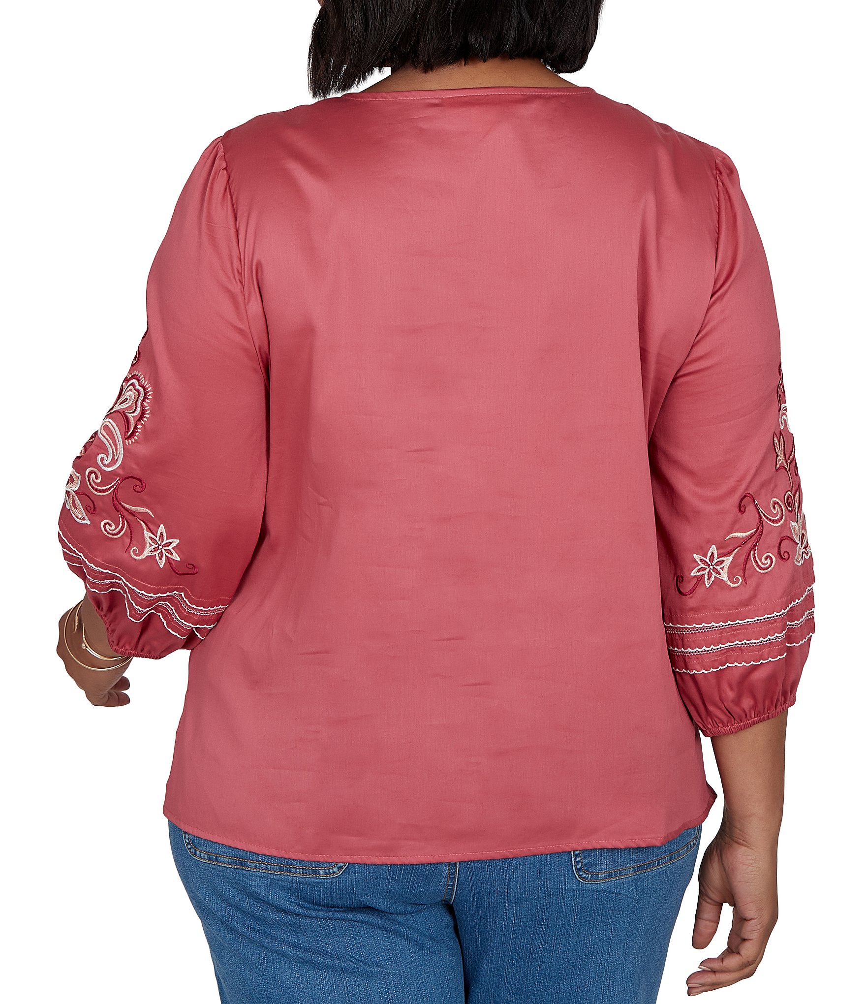 Ruby Rd. Plus Size Cotton Voile Embroidered Round Neck 3/4 Sleeve Top
