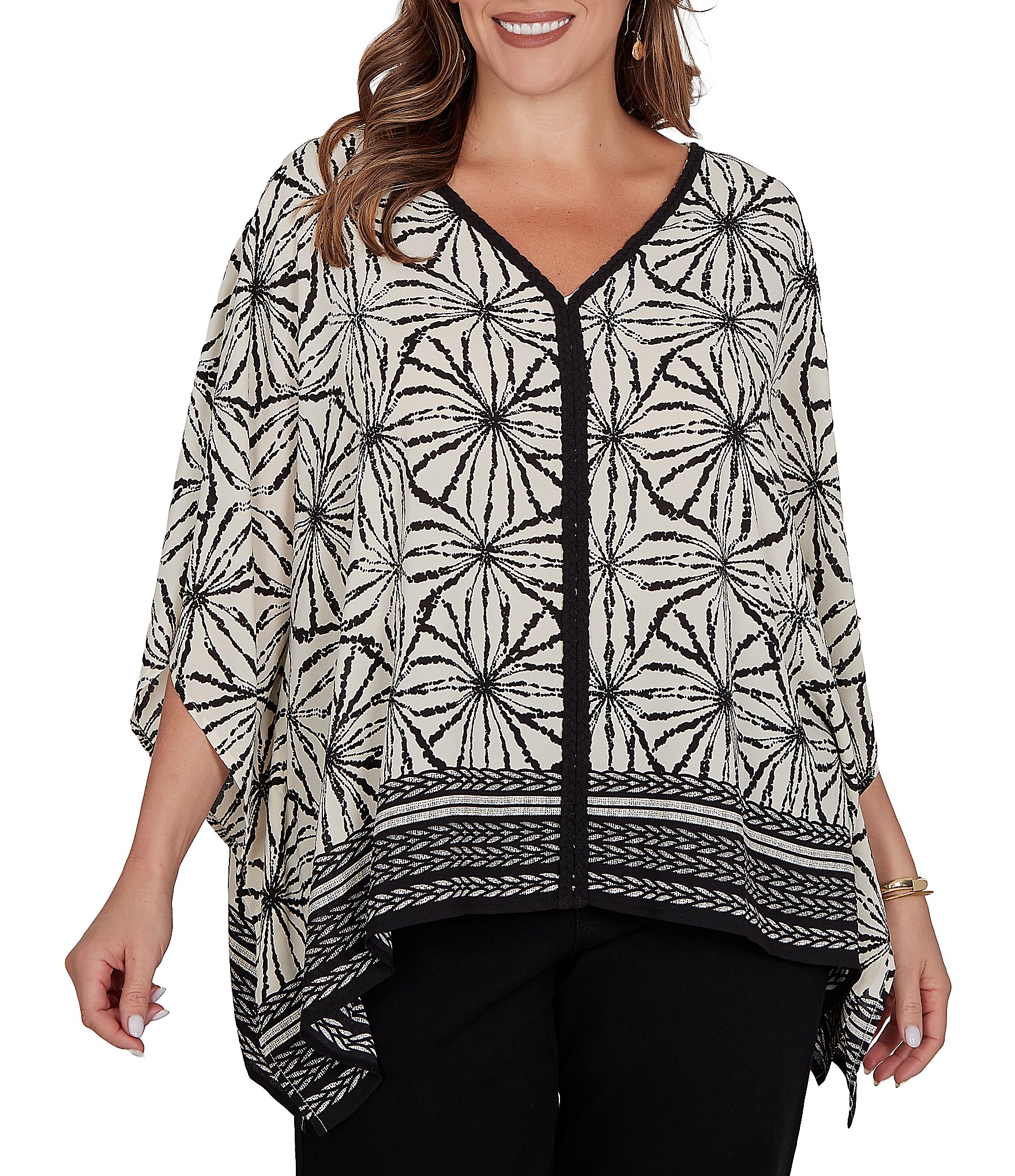 Ruby Rd. Plus Size Crepe Shibori Geometric V-Neck Short Sleeve Contrast Trim Top