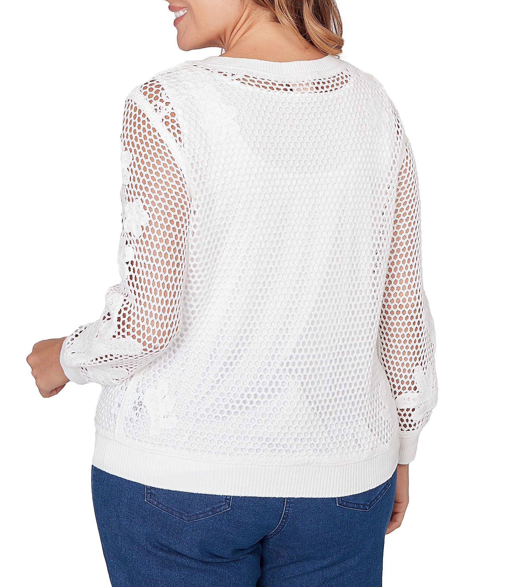 Ruby Rd. Plus Size Crocheted Overlay Inner Tank Scoop Neck Long Sleeve Sweater