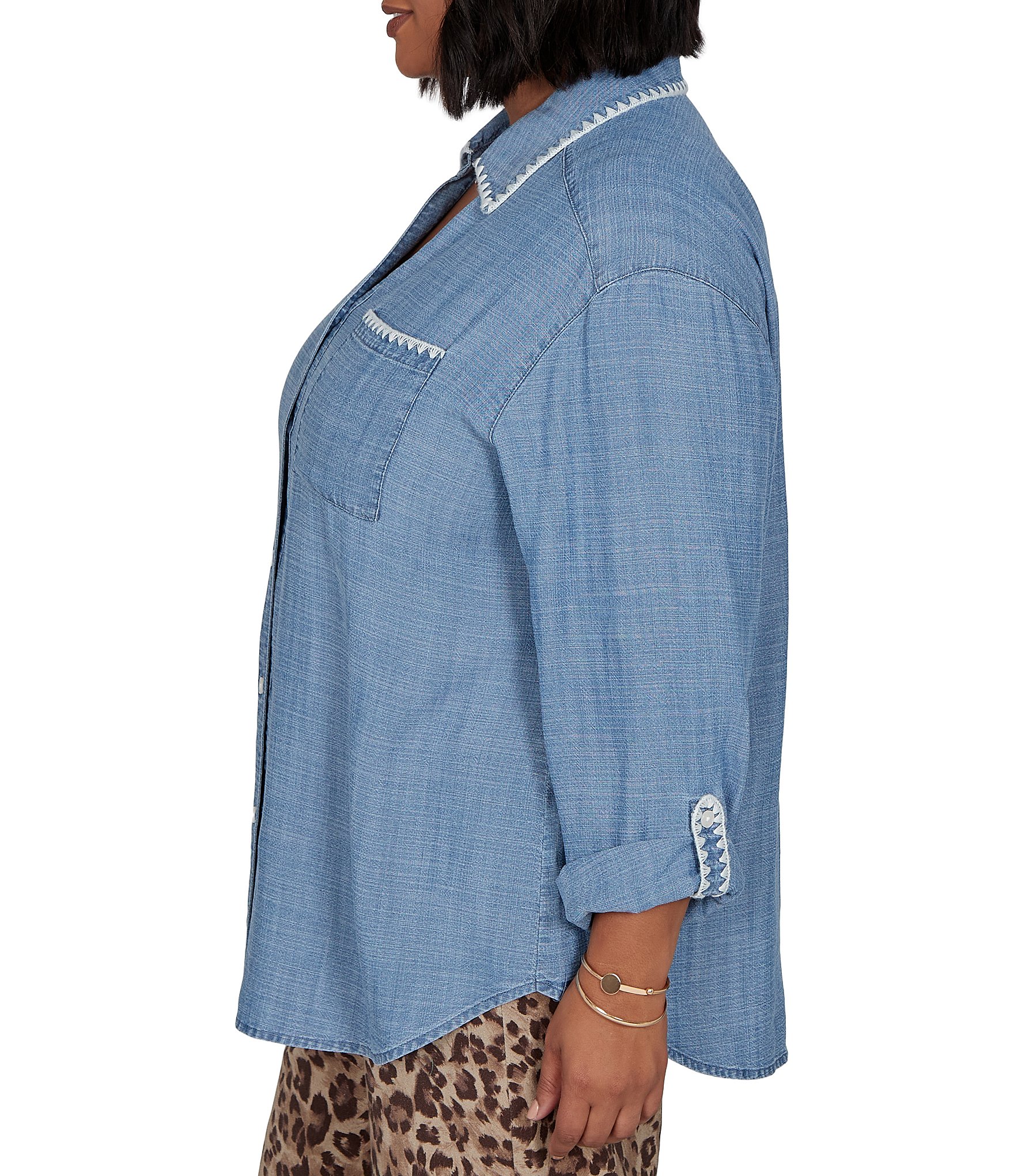 Ruby Rd. Plus Size Crosshatch Tencel Point Collar 3/4 Sleeve Crochet Trim Whipstitch Embroidery Button Front Shirt