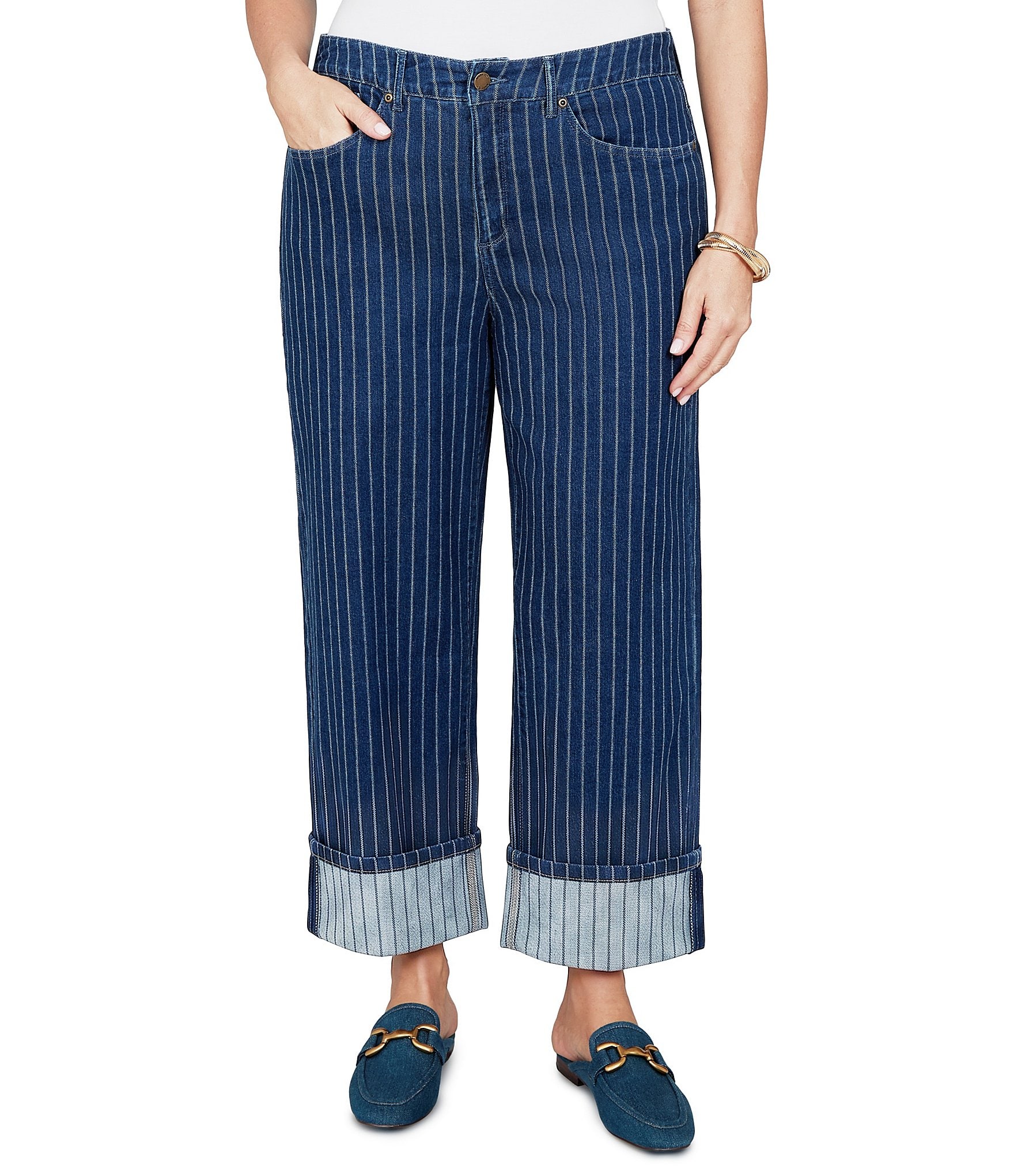 Ruby Rd. Plus Size Denim Pinstripe Wide Cuff Ankle Jeans
