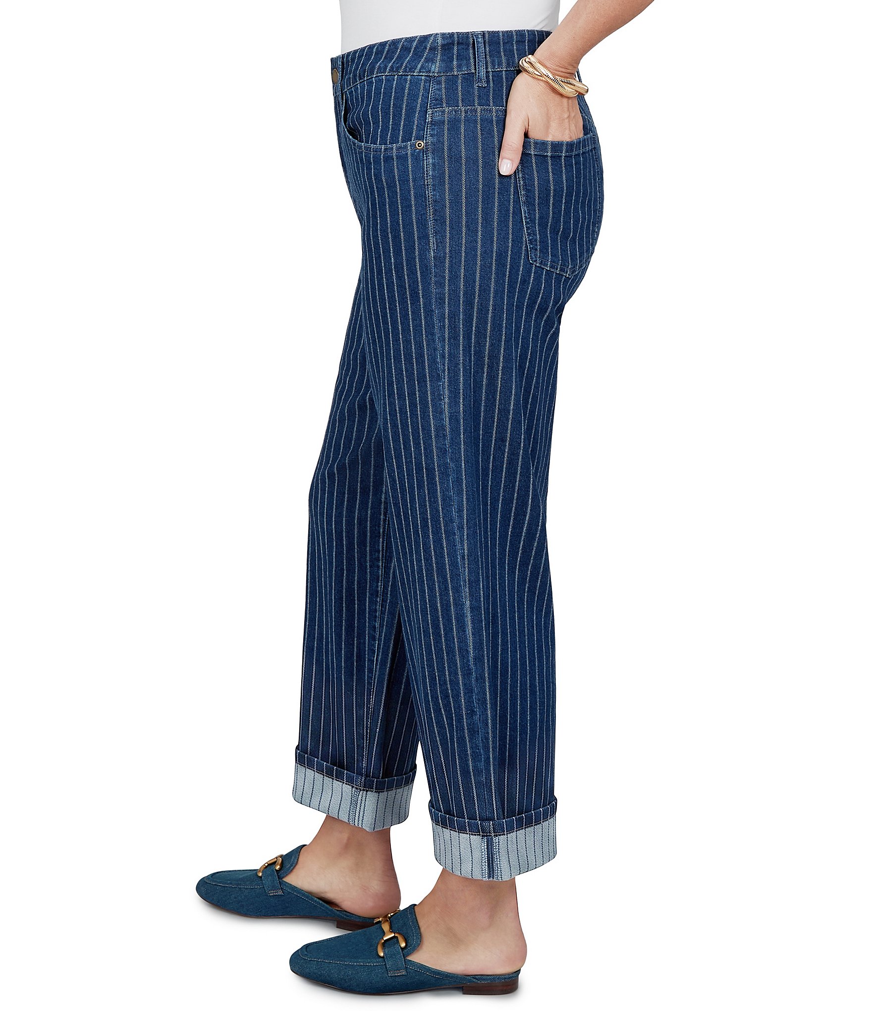Ruby Rd. Plus Size Denim Pinstripe Wide Cuff Ankle Jeans