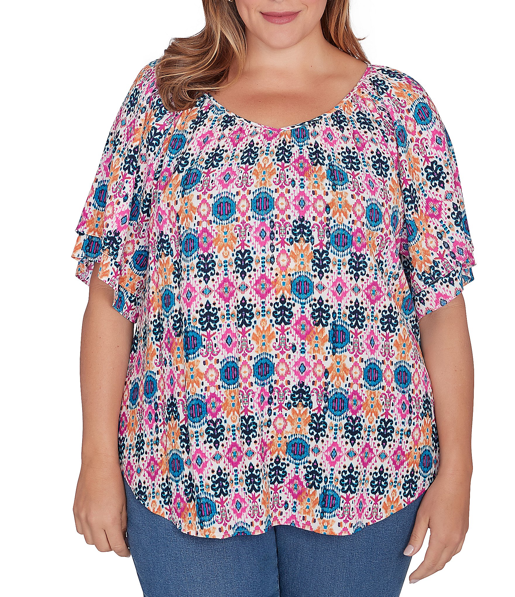 Ruby Rd. Plus Size Diamond Ikat Print Gauze V-Neck Double Flounce Short ...