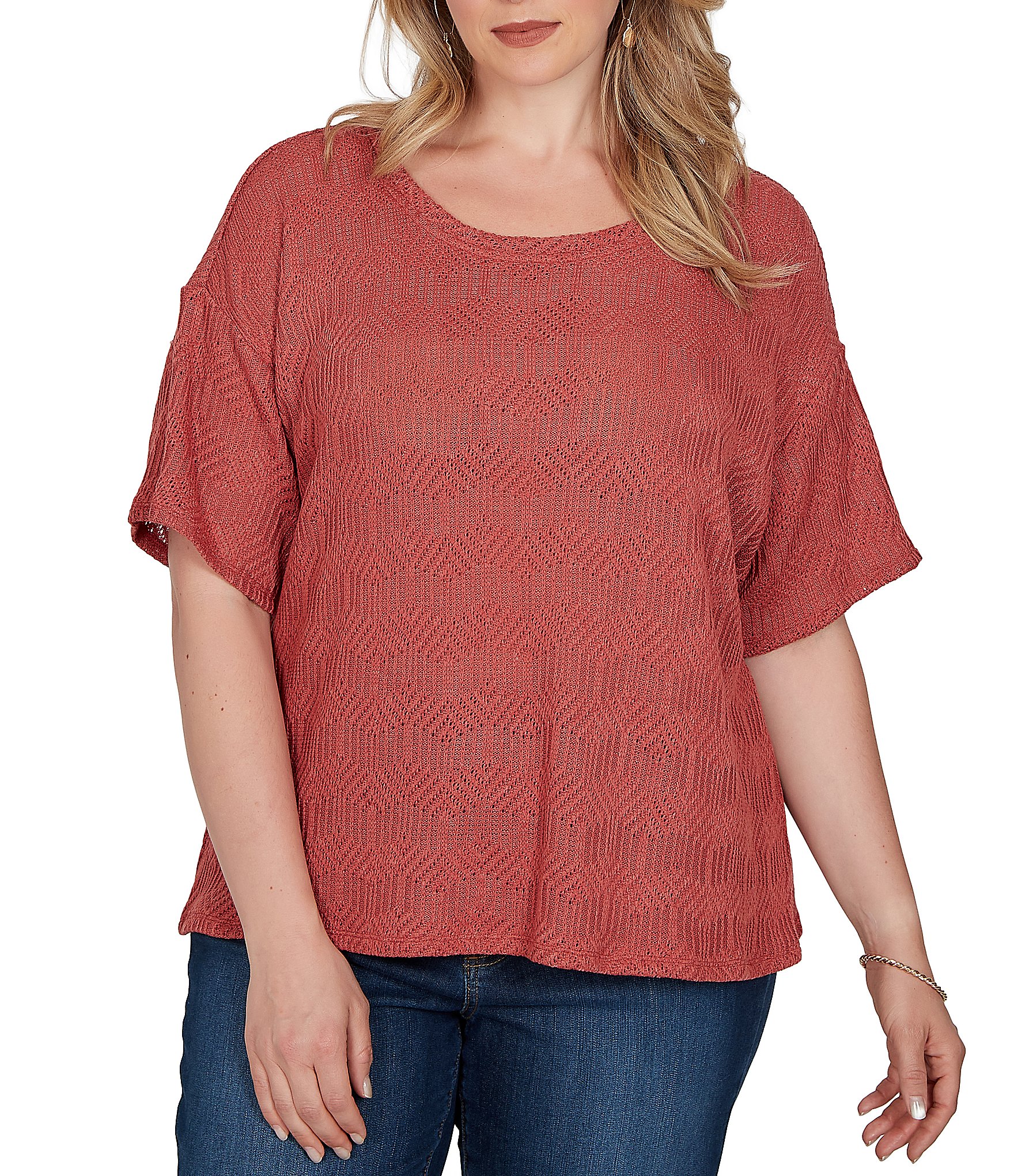 Ruby Rd. Plus Size Diamond Textured Knit Scoop Neck Elbow Length Sleeve Top