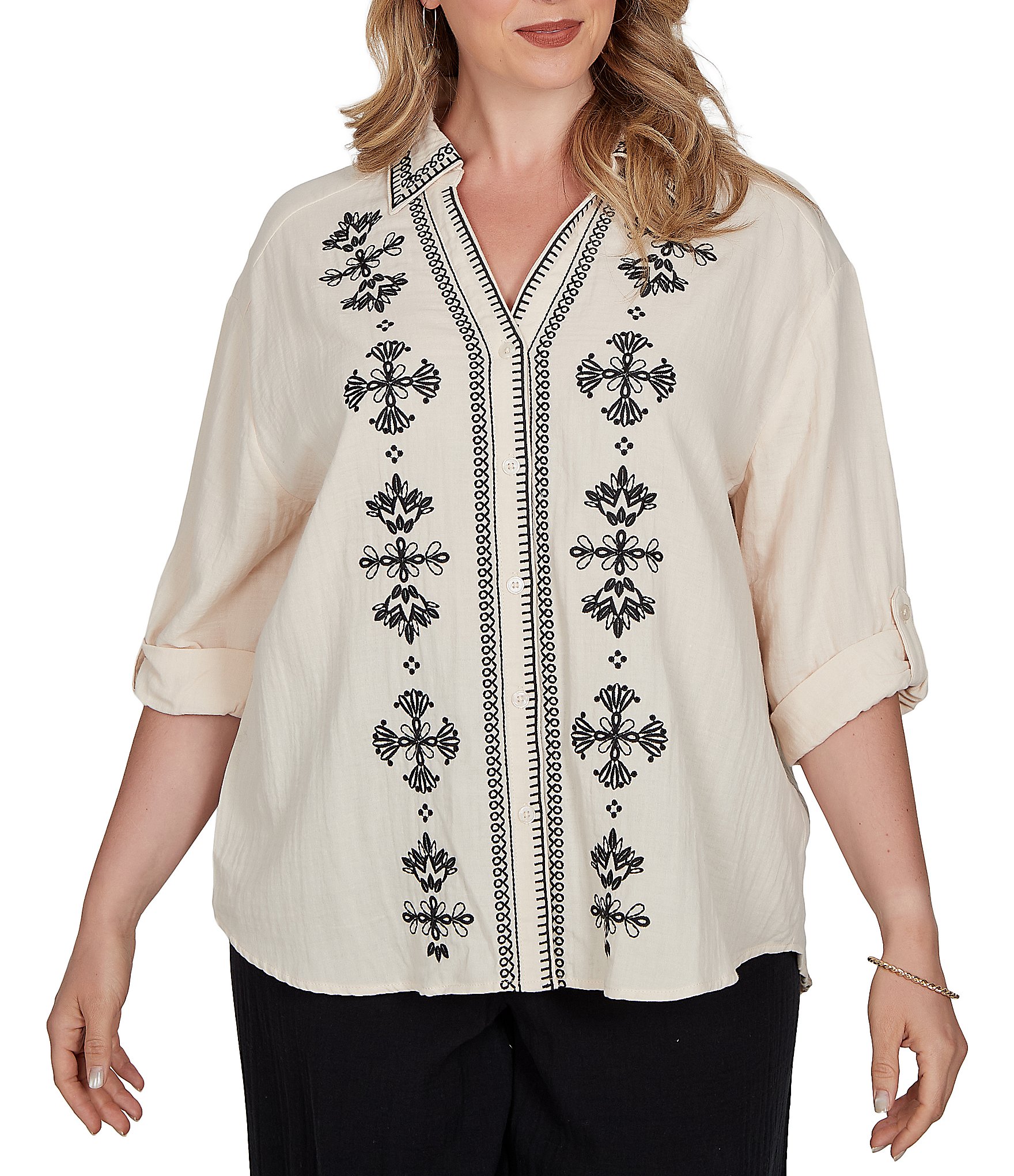 Ruby Rd. Plus Size Double Cotton Gauze Embroidered Point Collar 3/4 Roll-Tab Sleeve Button-Front Shirt
