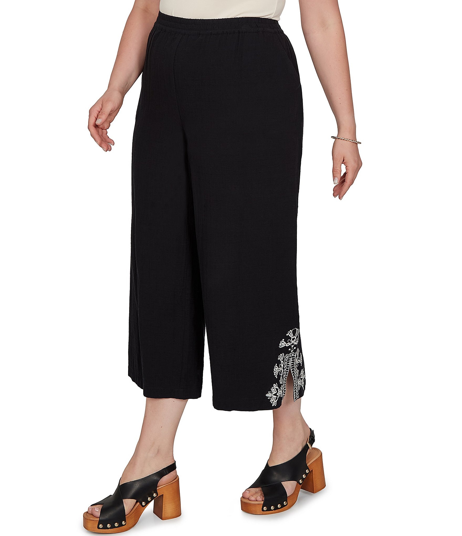 Ruby Rd. Plus Size Double Cotton Gauze Intricate Embroidered Pull-On Ankle Pants