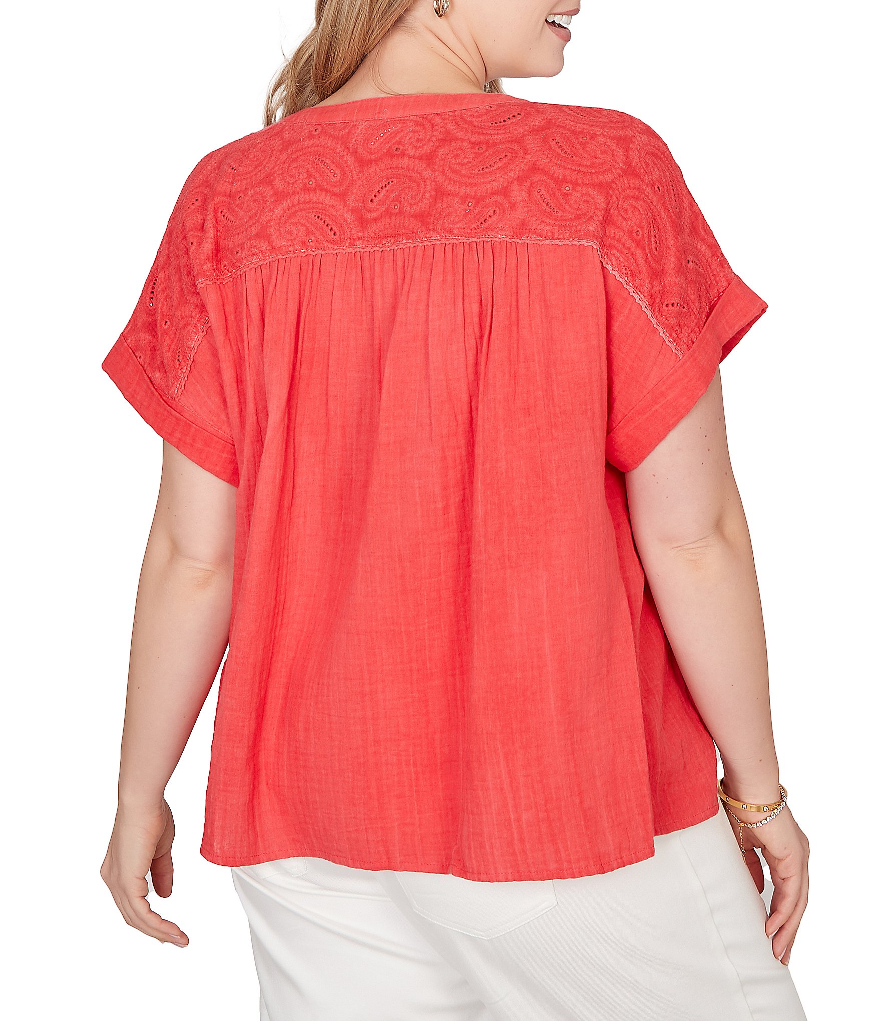 Ruby Rd. Plus Size Double Gauze Woven Paisley Embroidered Button-Front Blouse
