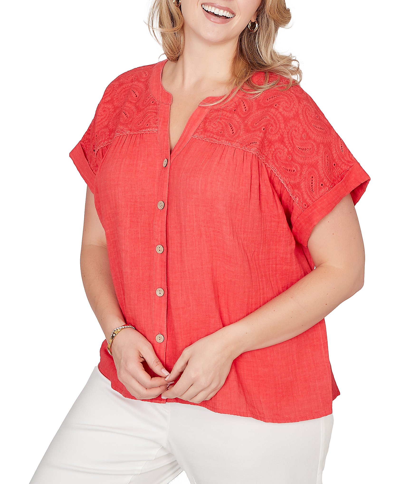 Ruby Rd. Plus Size Double Gauze Woven Paisley Embroidered Button-Front Blouse
