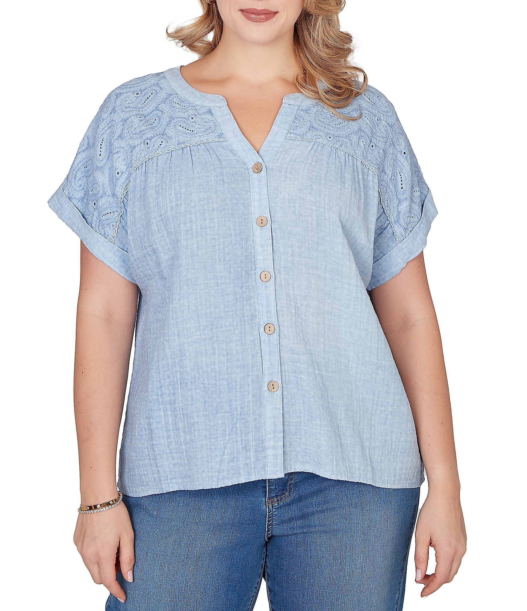 Ruby Rd. Plus Size Double Gauze Woven Paisley Embroidered Button-Front Blouse
