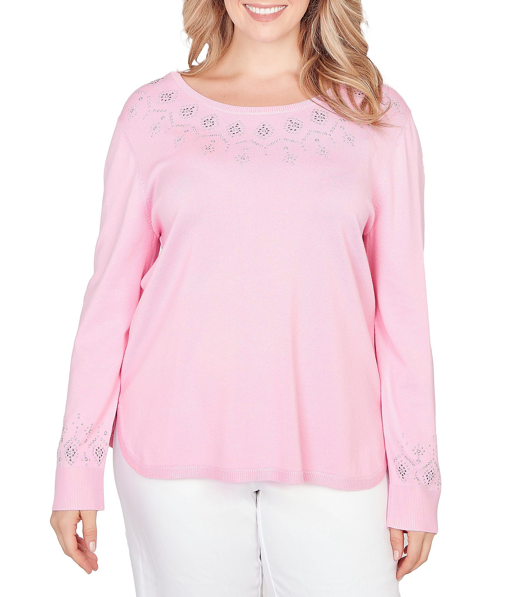Ruby Rd. Plus Size Embellished Sparkle Crew Neck Long Sleeve Knit Sweater