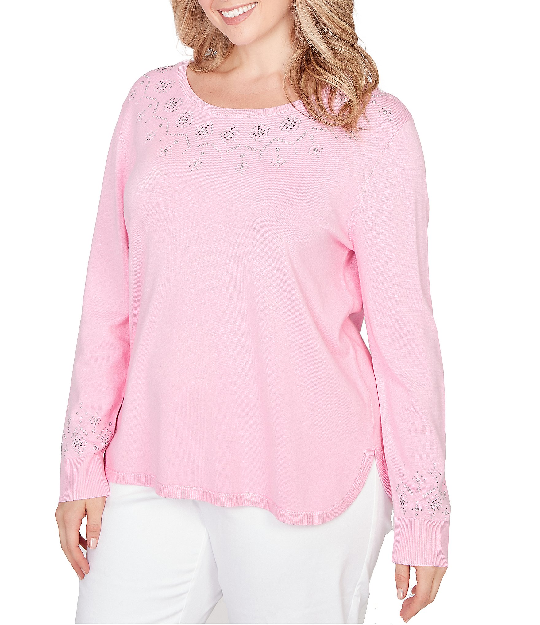 Ruby Rd. Plus Size Embellished Sparkle Crew Neck Long Sleeve Knit Sweater