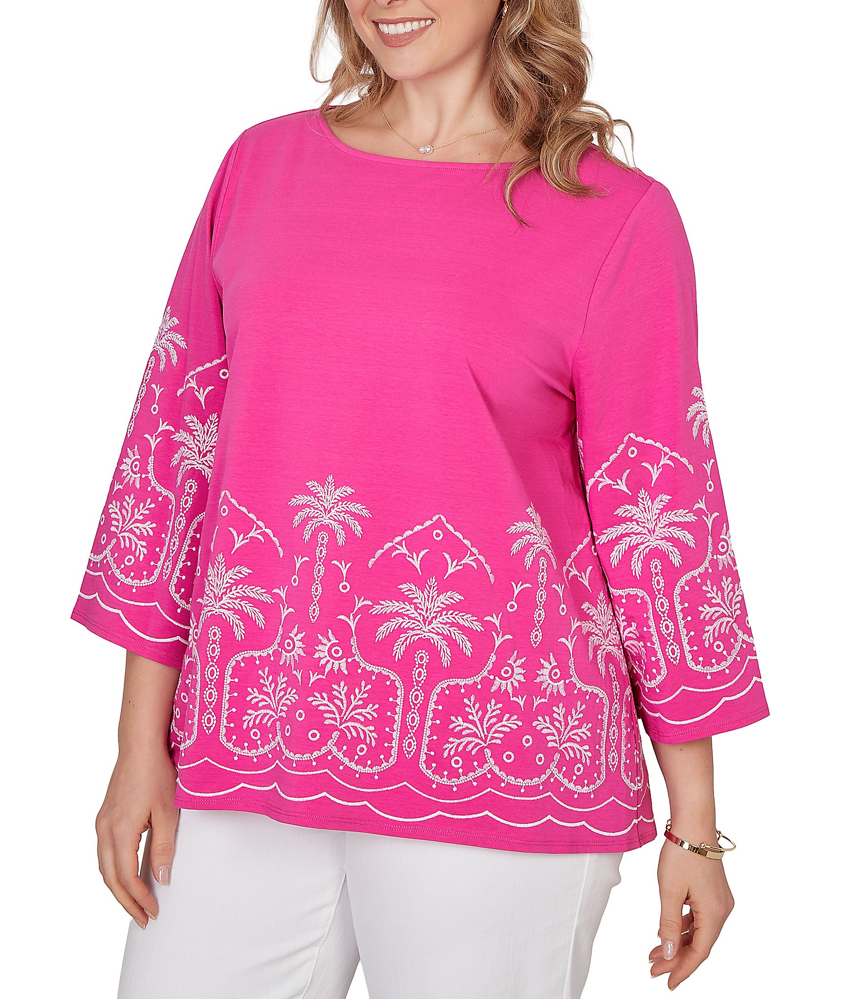Ruby Rd. Plus Size Embroidered Boat Neck 3/4 Sleeve Top