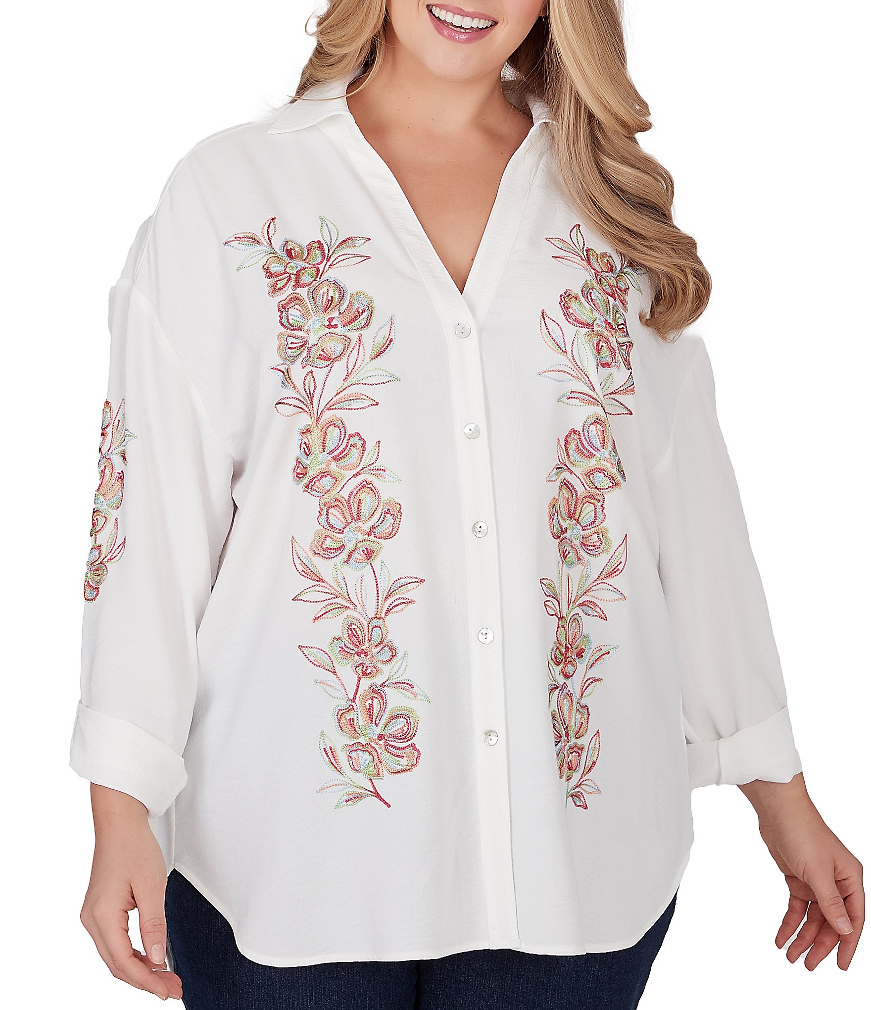 Ruby Rd Plus Size Embroidered Floral Crepe Point Collar Long Roll Tab