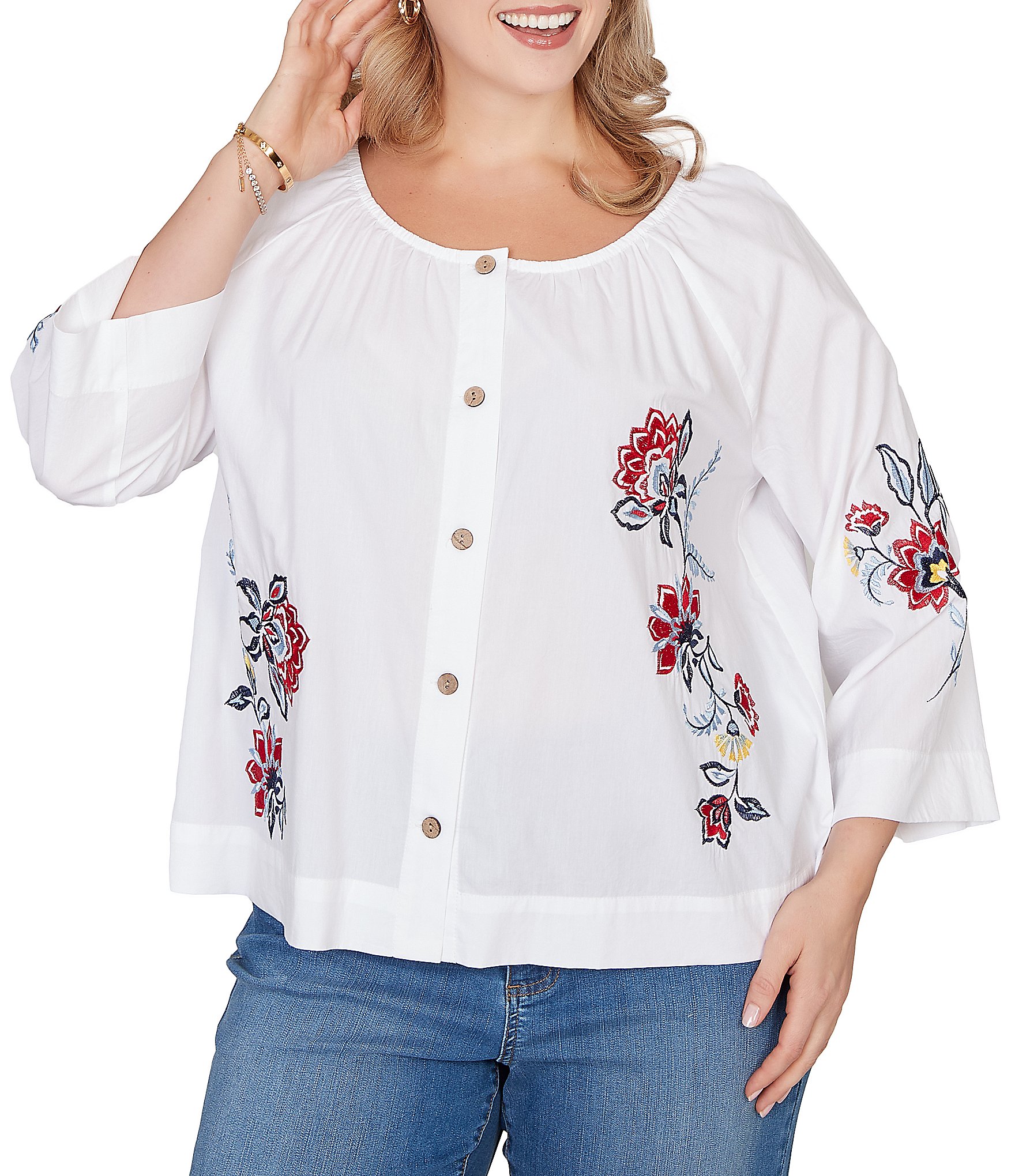 Ruby Rd. Plus Size Embroidered Floral Scoop Neck 3/4 Sleeve Button-Front Blouse