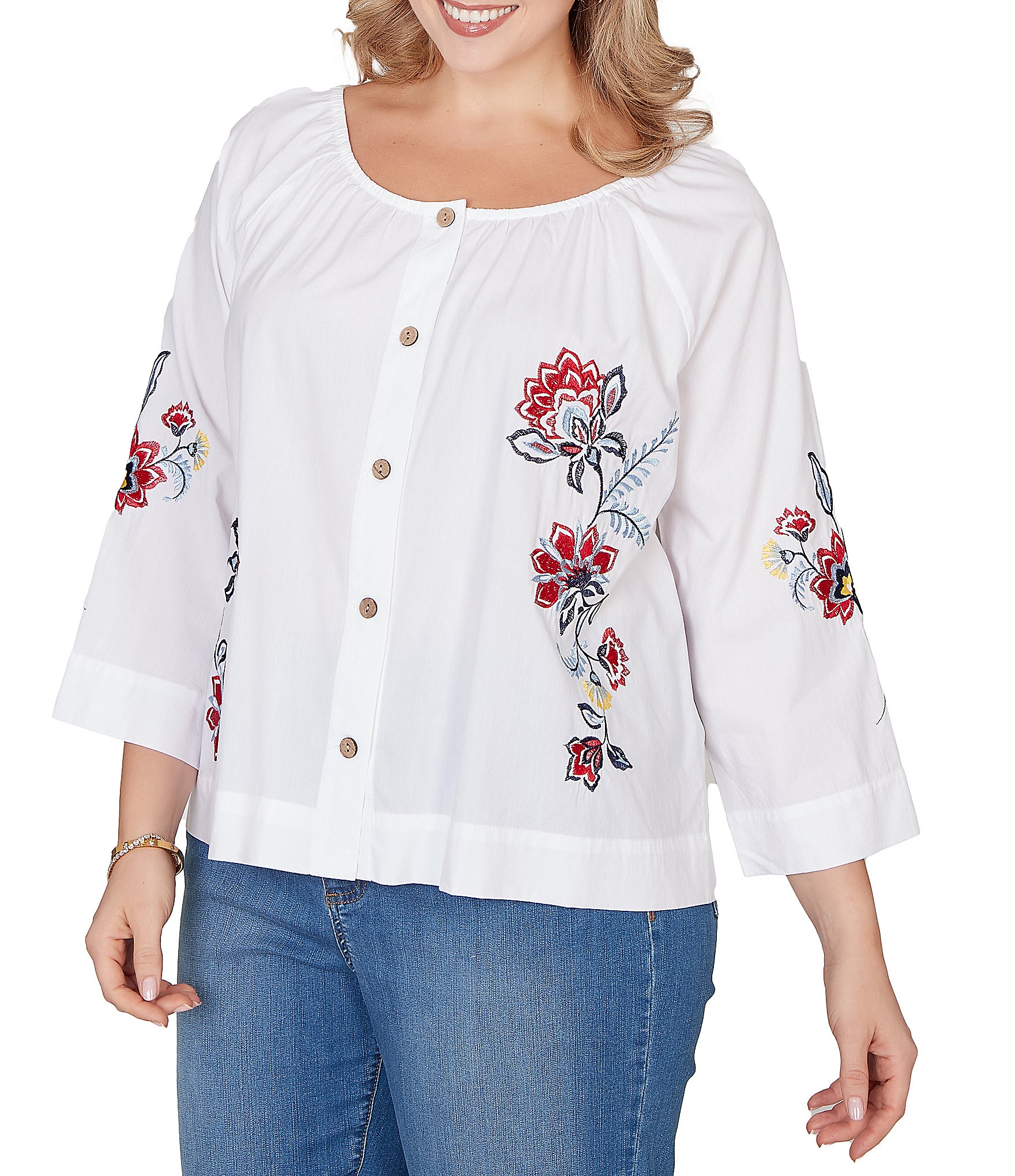 Ruby Rd. Plus Size Embroidered Floral Scoop Neck 3/4 Sleeve Button-Front Blouse