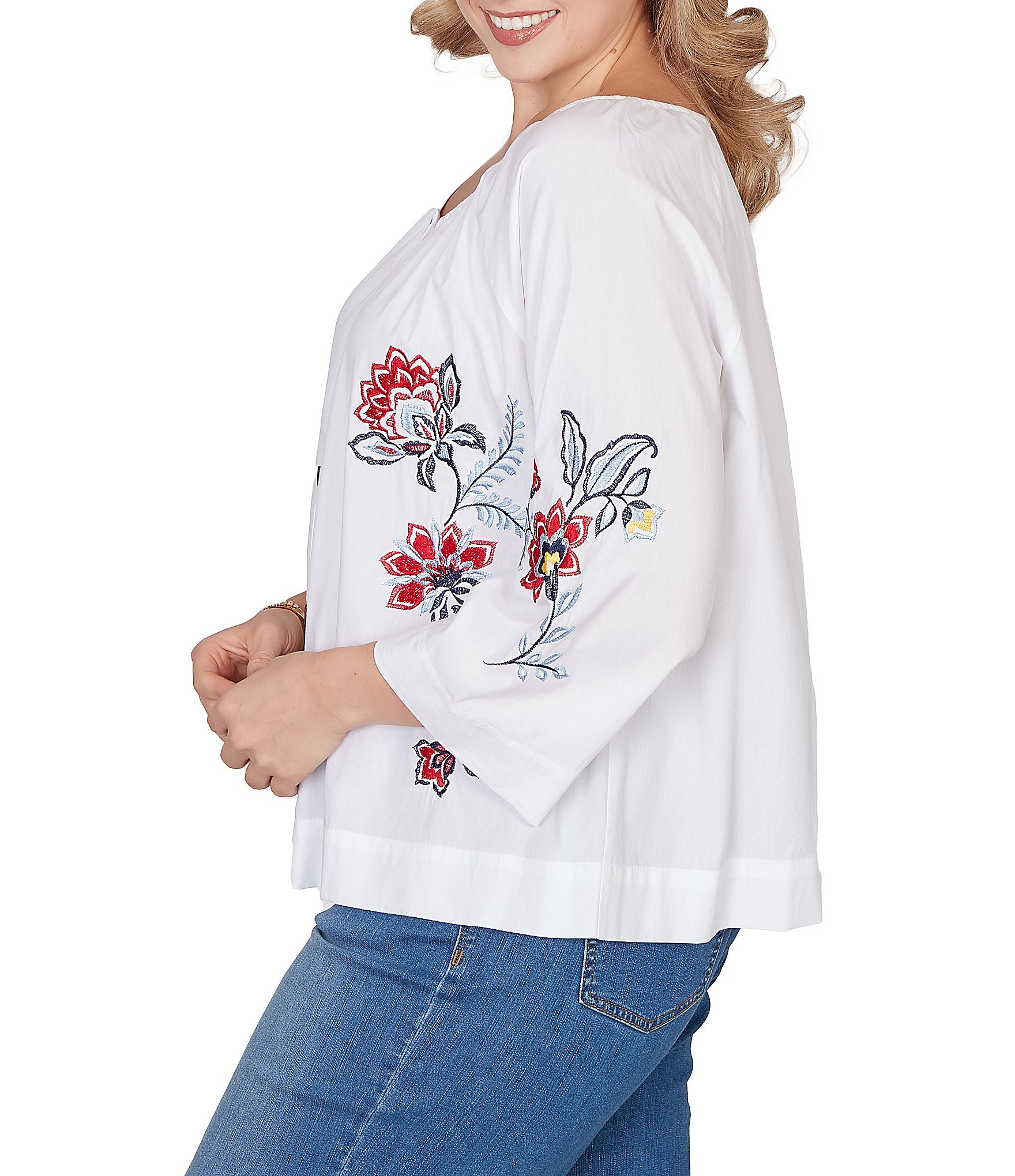 Ruby Rd. Plus Size Embroidered Floral Scoop Neck 3/4 Sleeve Button-Front Blouse