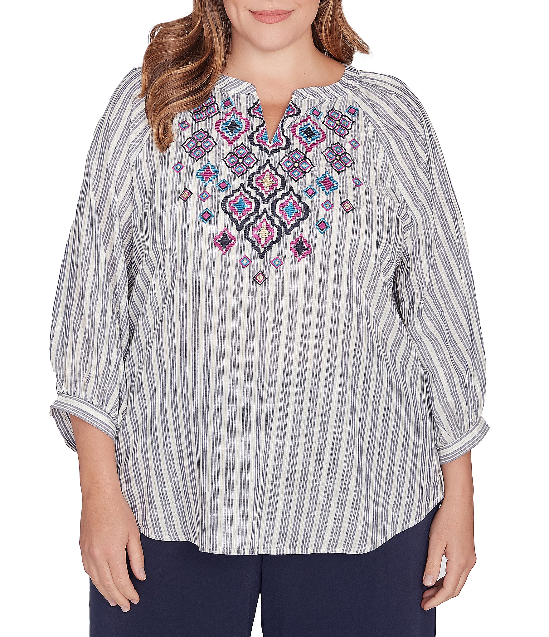 Ruby Rd. Plus Size Embroidered Front Detail Yarn-Dyed Stripe Woven ...