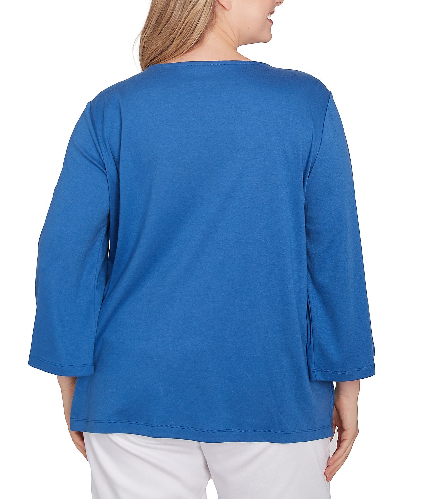 Ruby Rd. Plus Size Embroidered Knit Square Neck 3/4 Sleeve Top