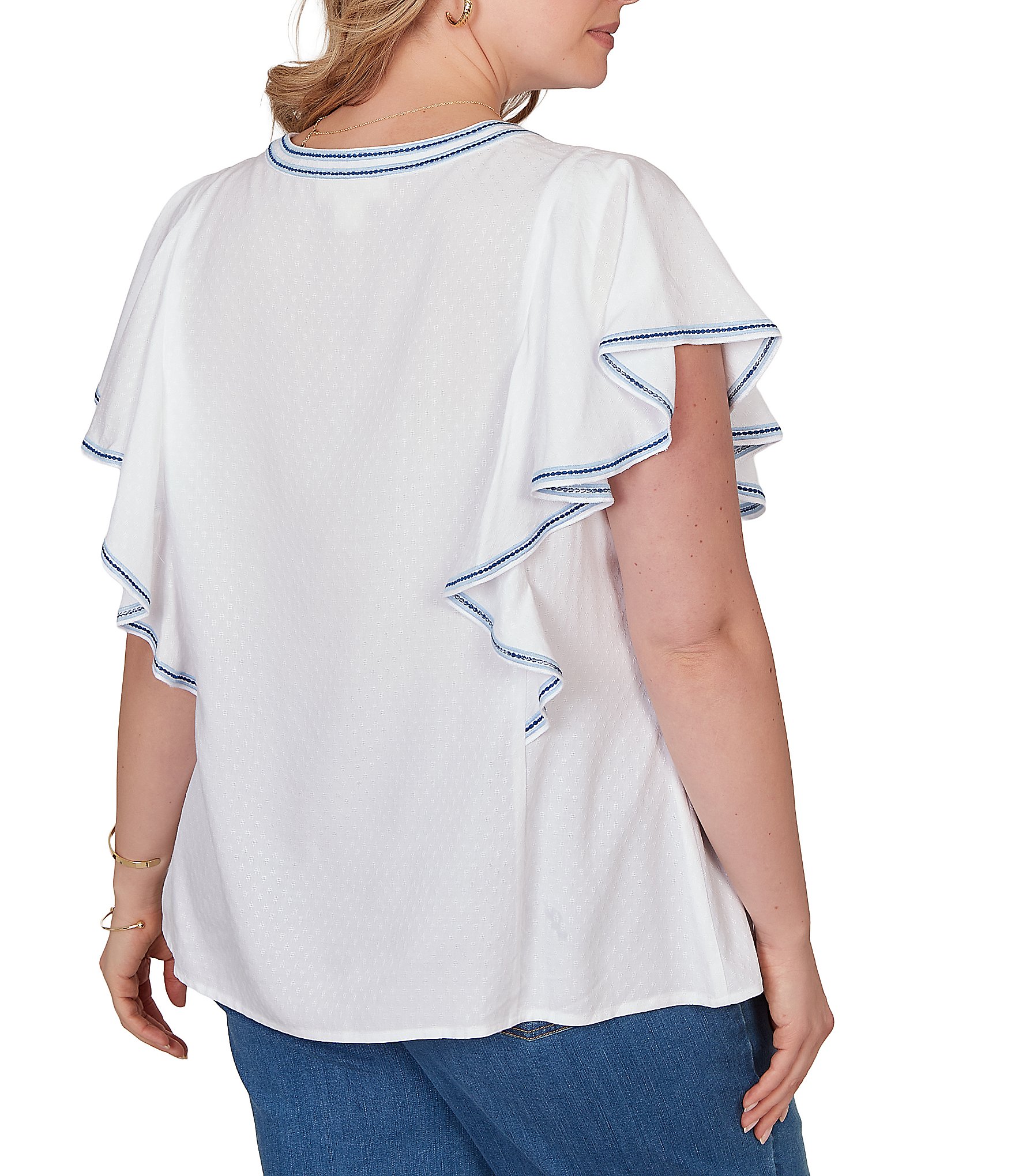 Ruby Rd. Plus Size Embroidered Split V-Neck Short Flutter Sleeve Top