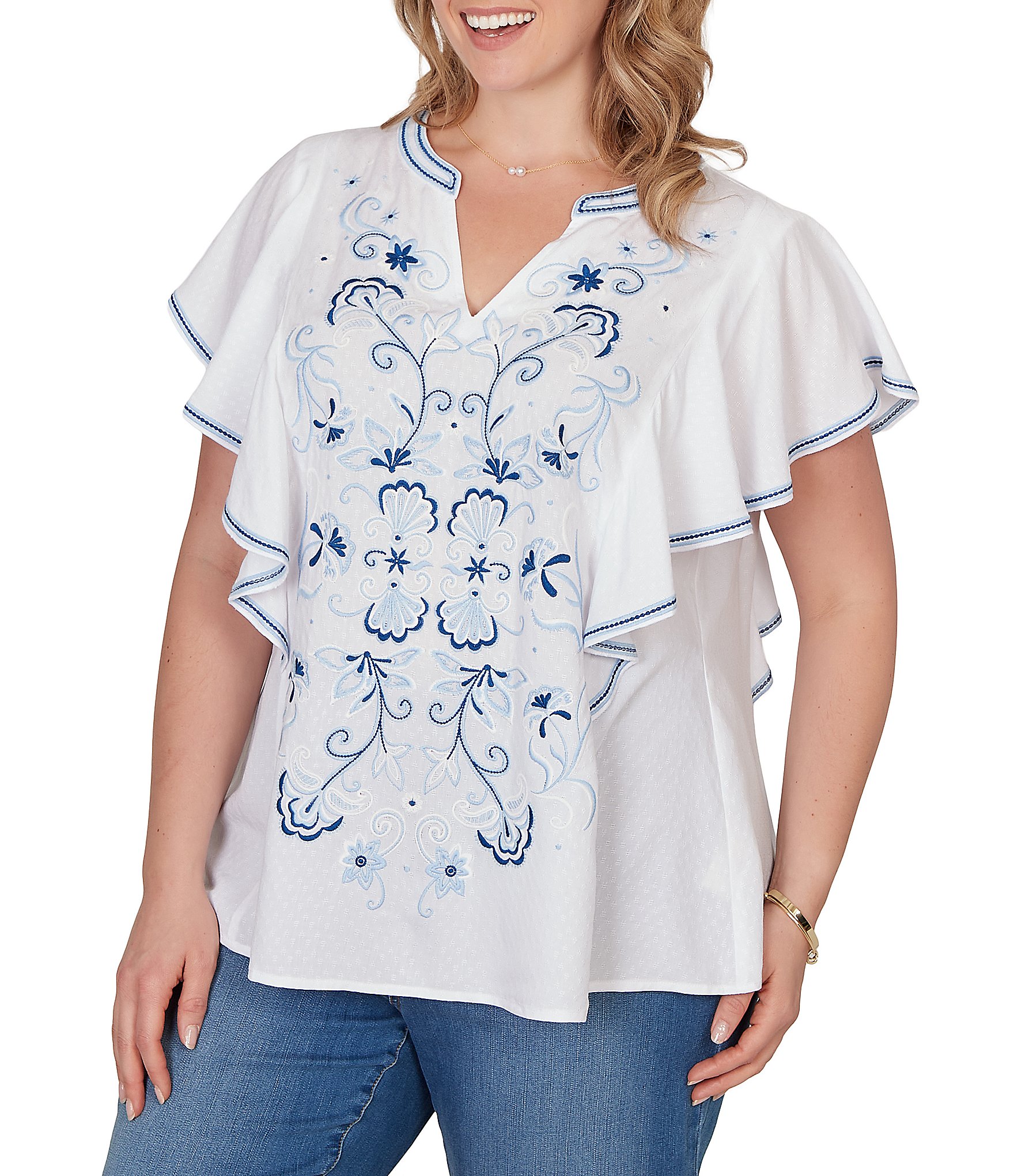 Ruby Rd. Plus Size Embroidered Split V-Neck Short Flutter Sleeve Top