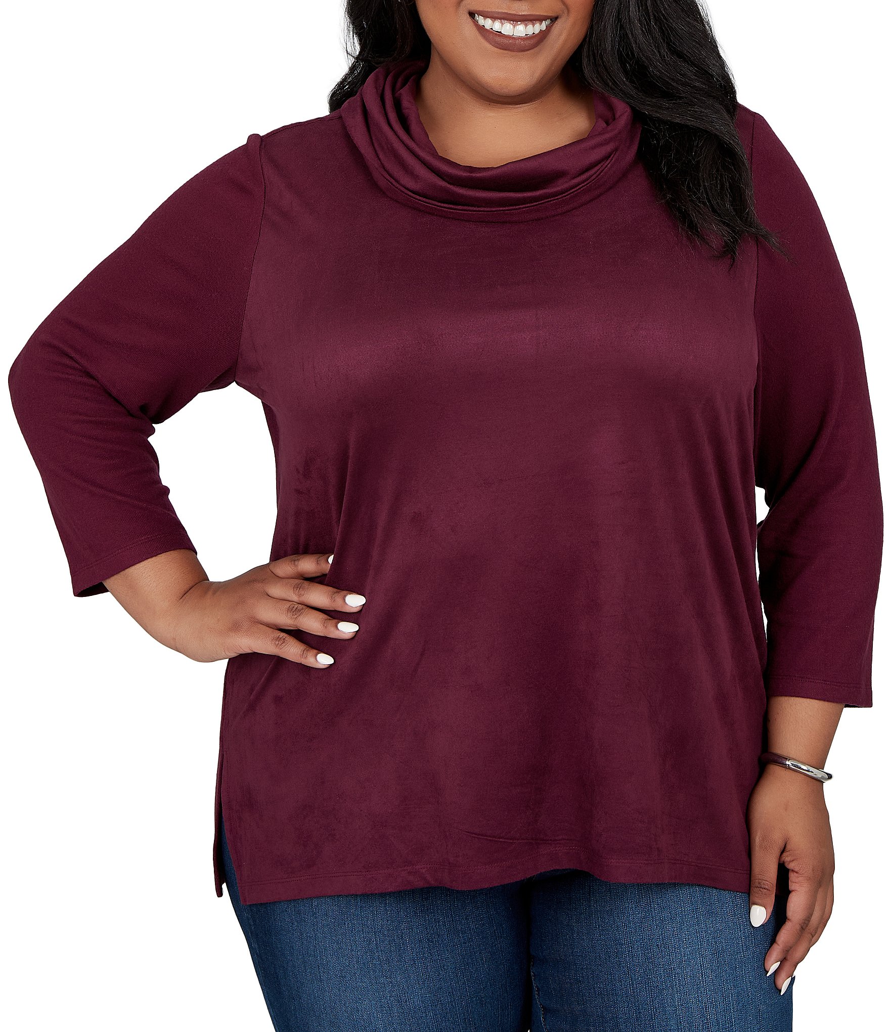 Ruby Rd. Plus Size Faux Suede Hatchi Knit Cowl Neck 3/4 Sleeve Top