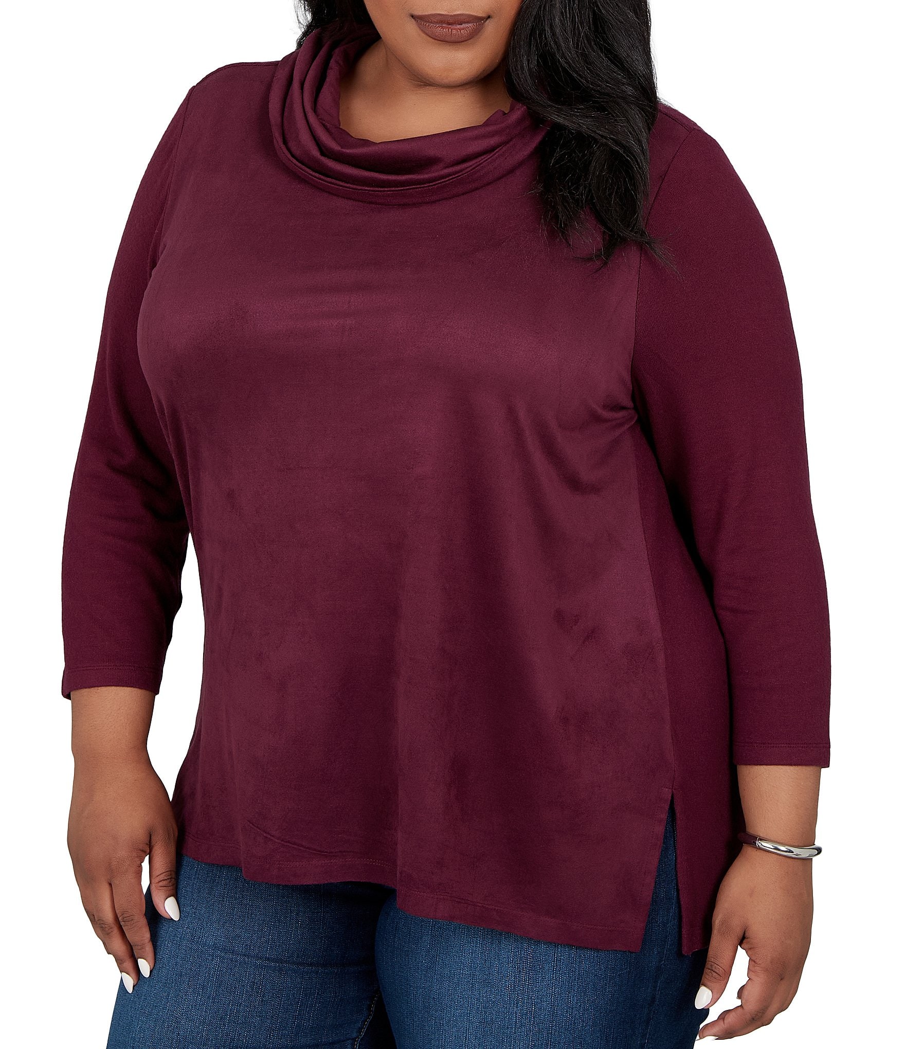Ruby Rd. Plus Size Faux Suede Hatchi Knit Cowl Neck 3/4 Sleeve Top