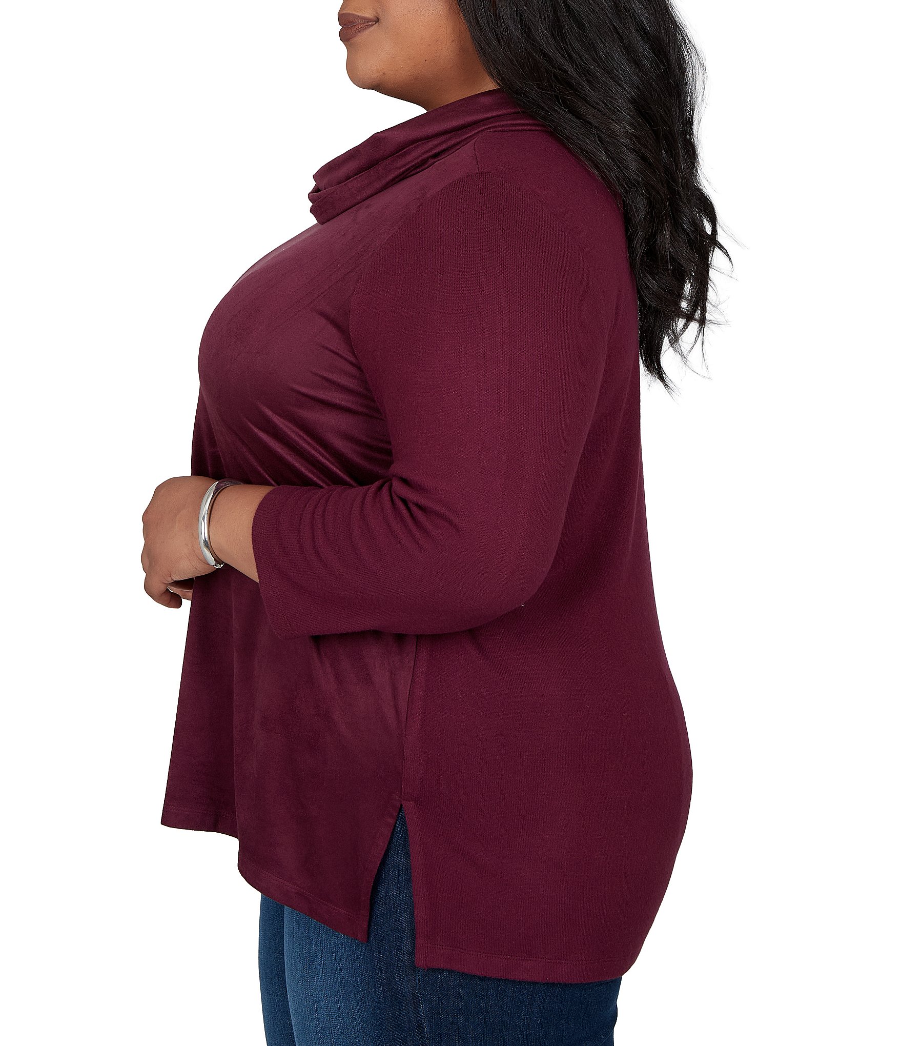 Ruby Rd. Plus Size Faux Suede Hatchi Knit Cowl Neck 3/4 Sleeve Top