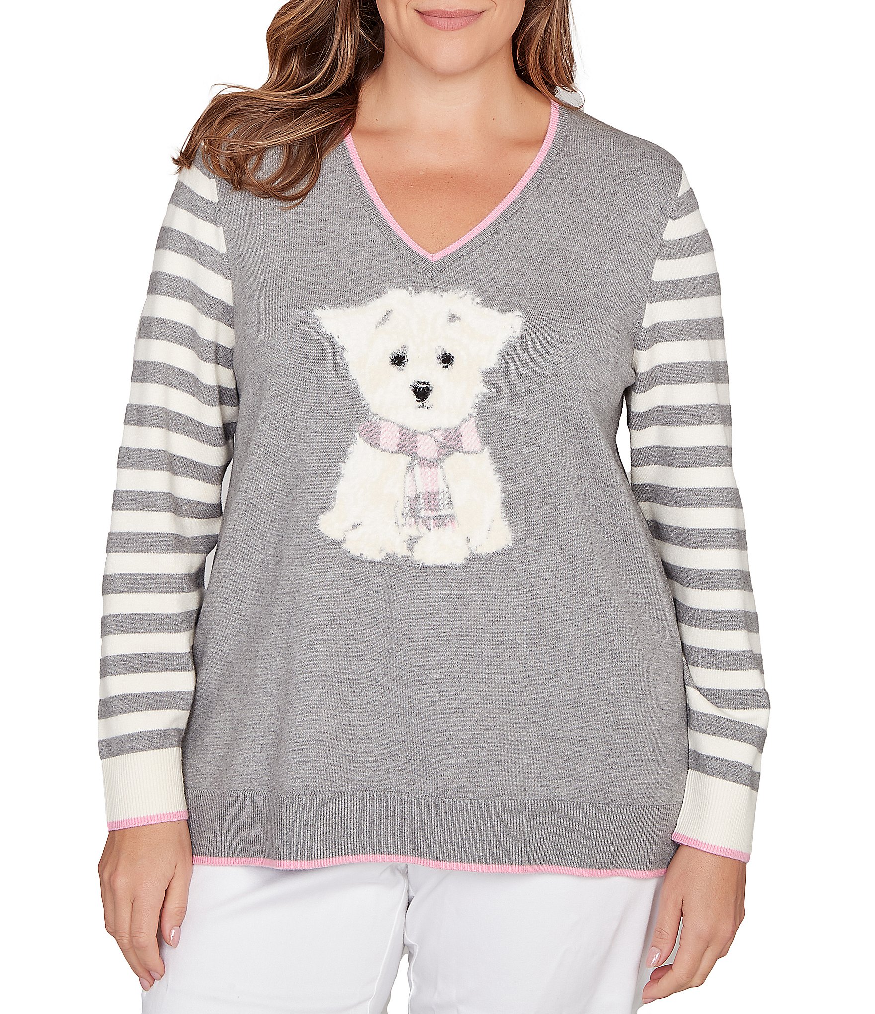 Ruby Rd. Plus Size Fine-Gauge Knit V-Neck Long Stripe Sleeve Maltese Sweater