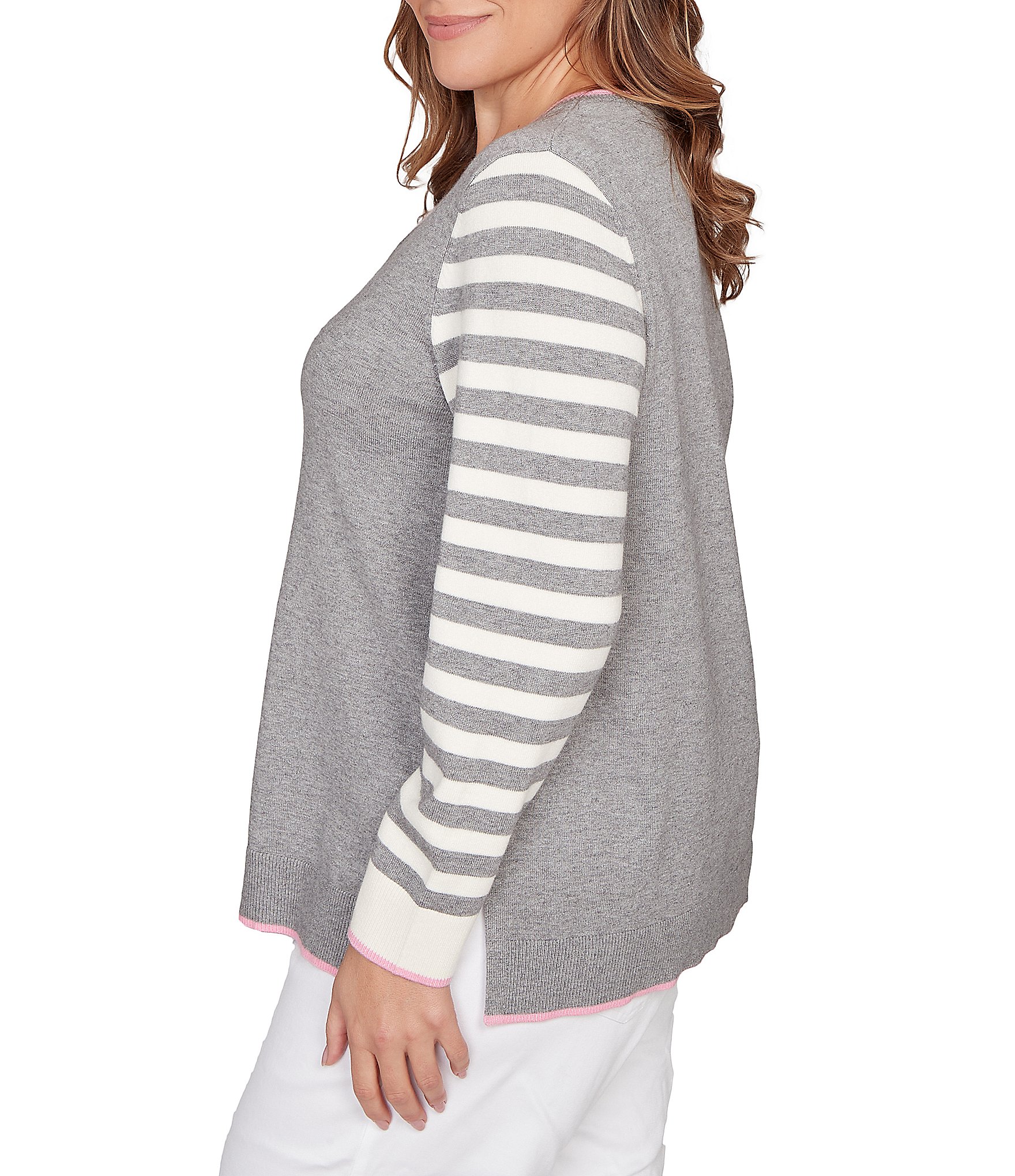 Ruby Rd. Plus Size Fine-Gauge Knit V-Neck Long Stripe Sleeve Maltese Sweater