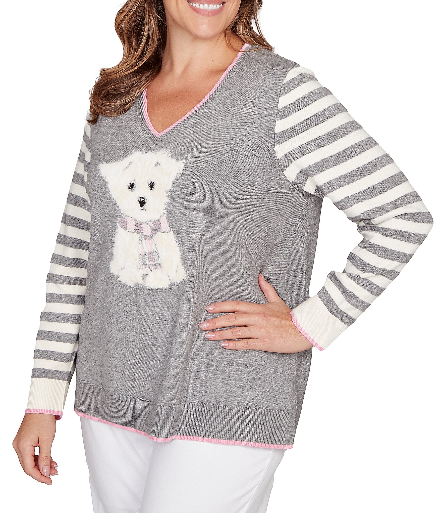 Ruby Rd. Plus Size Fine-Gauge Knit V-Neck Long Stripe Sleeve Maltese Sweater
