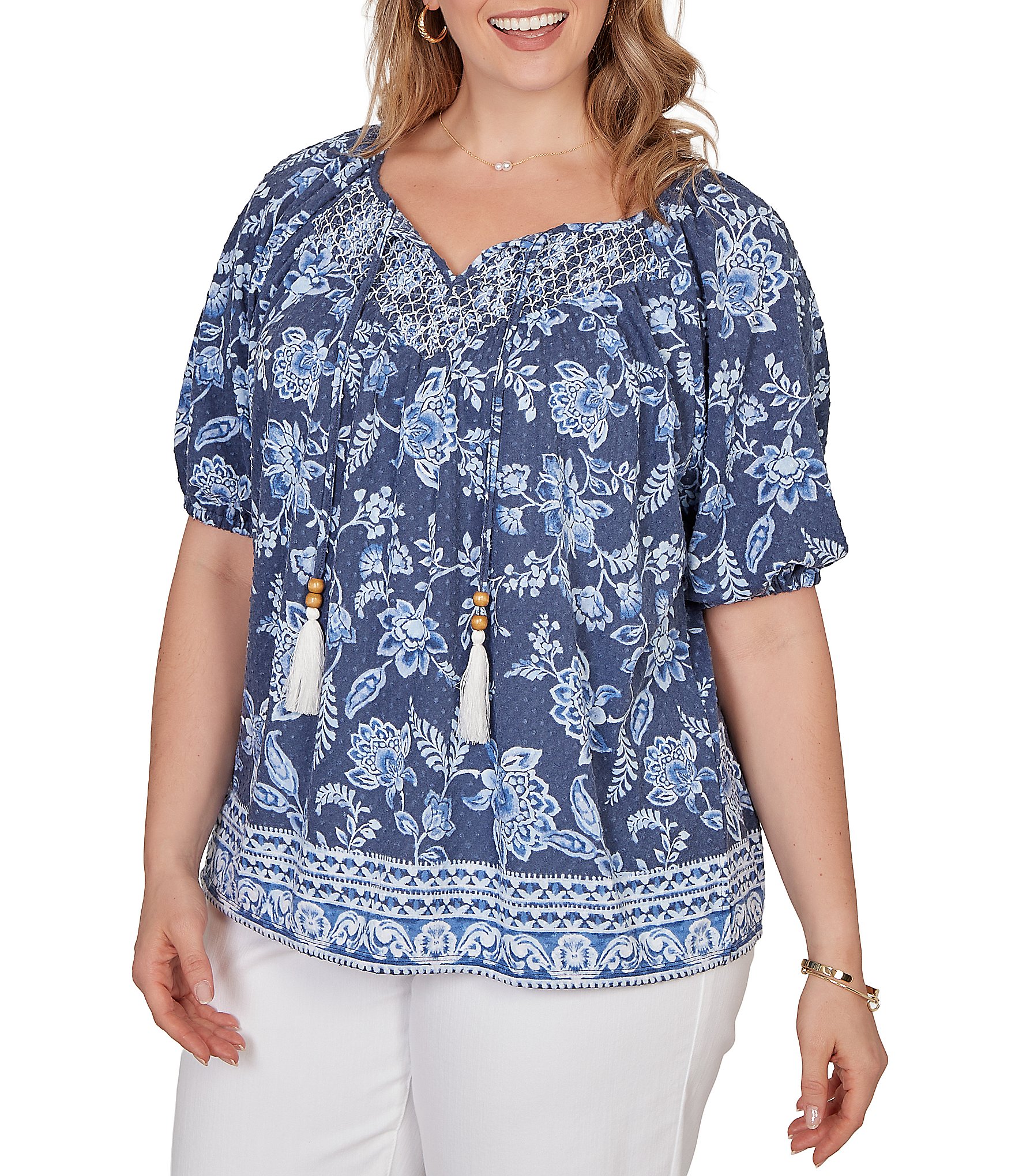 Ruby Rd. Plus Size Floral Border Print Split V-Neck Short Sleeve Tassel Tie Top