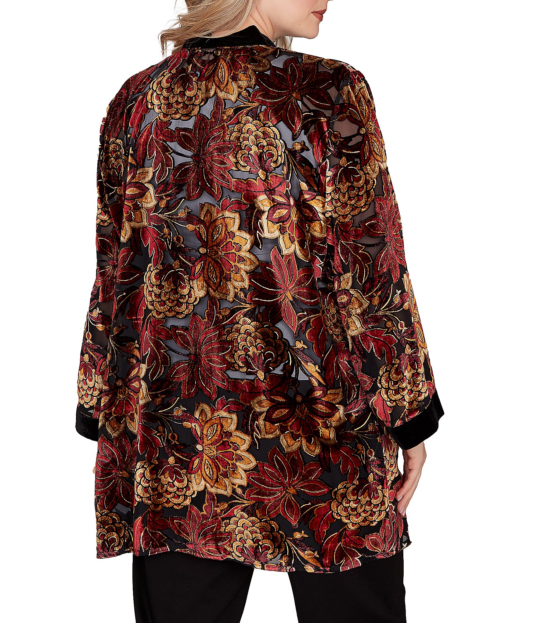 Ruby Rd. Plus Size Floral Burnout Velvet Shawl Collar Bracelet Sleeve Open-Front Cardigan