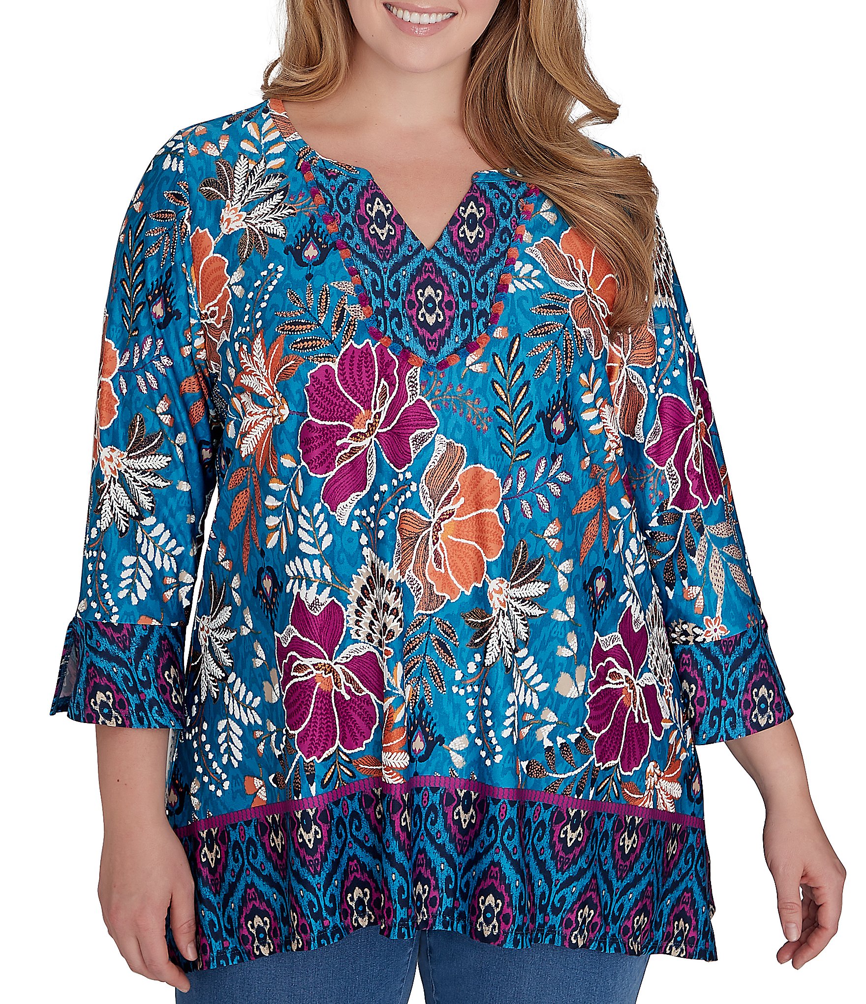 Ruby Rd. Plus Size Floral Contrast Border Print Fringe Trim Detail V ...