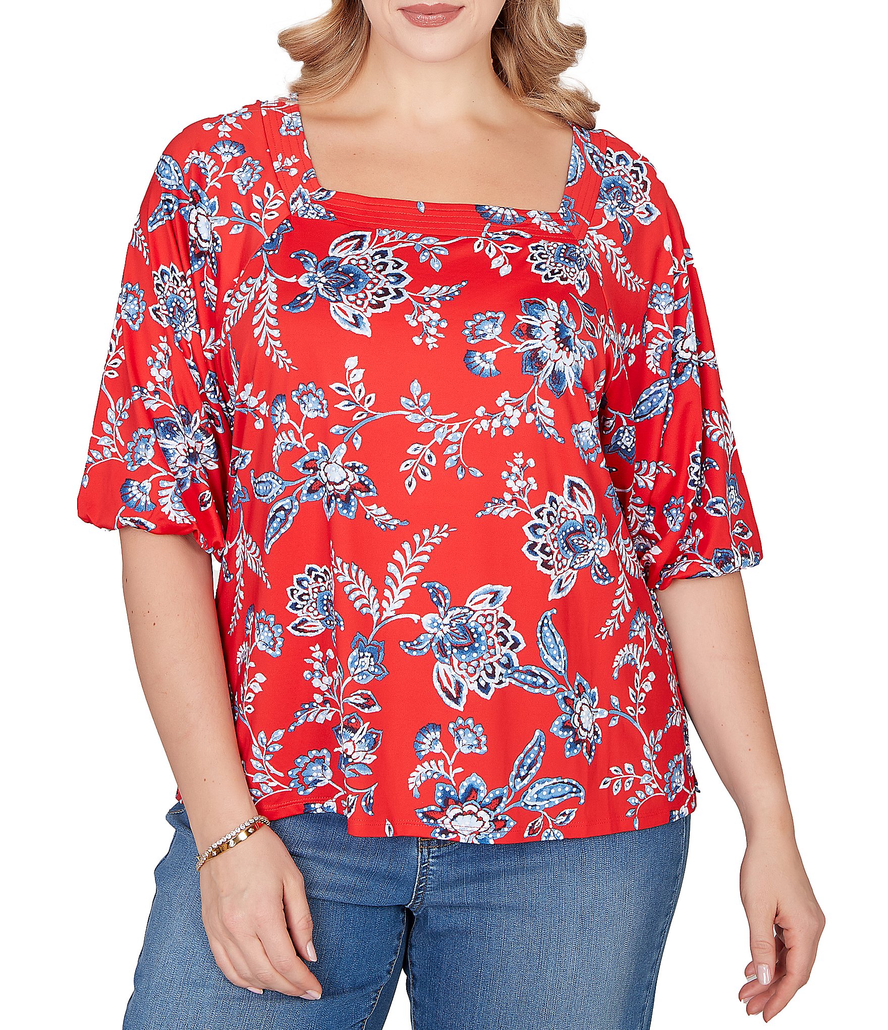 Ruby Rd. Plus Size Floral Square Neck Elbow-Length Sleeve Knit Top