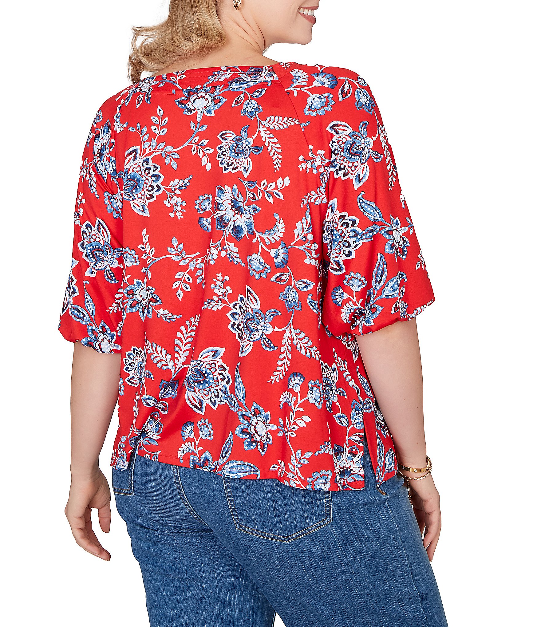 Ruby Rd. Plus Size Floral Square Neck Elbow-Length Sleeve Knit Top