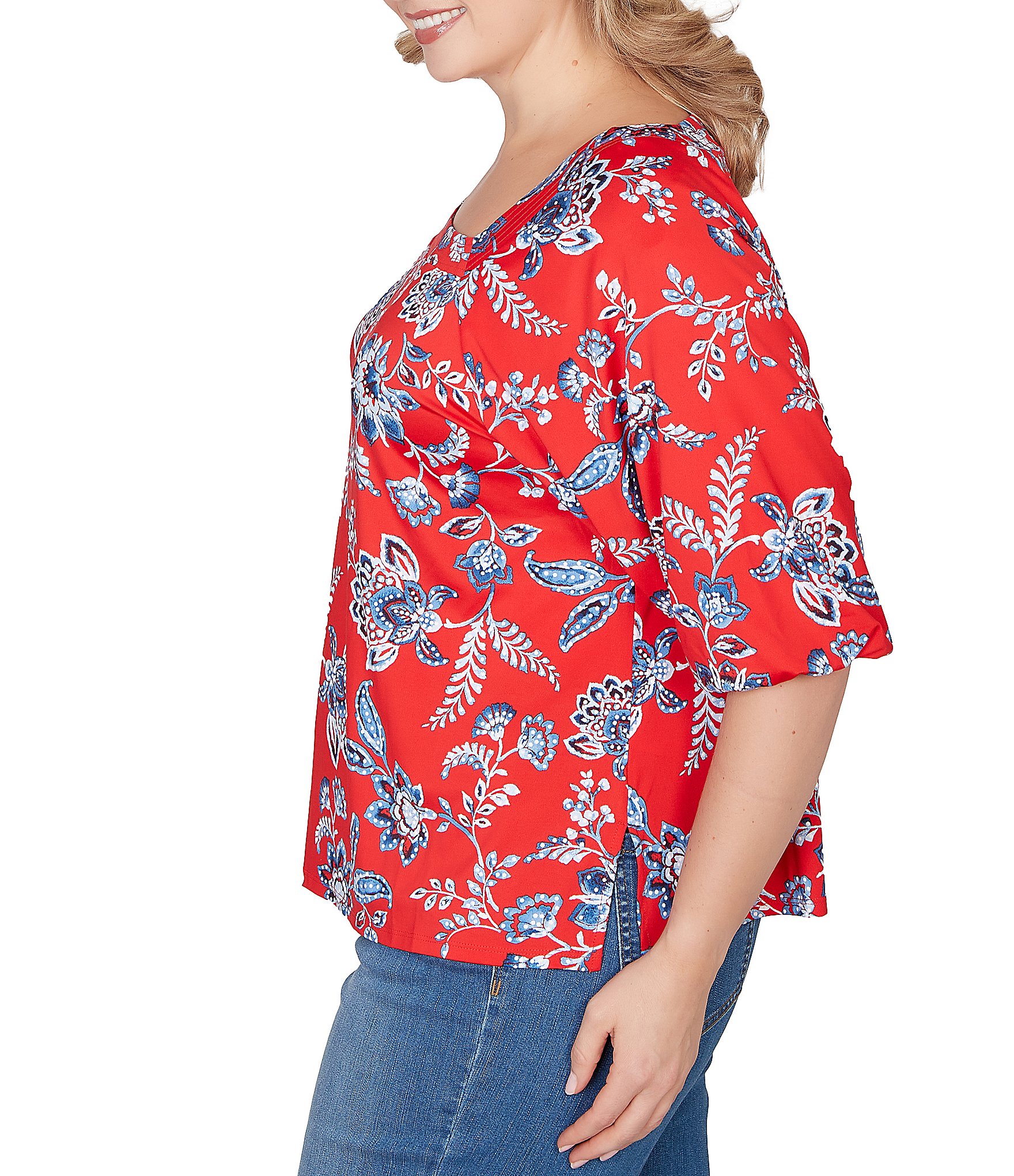 Ruby Rd. Plus Size Floral Square Neck Elbow-Length Sleeve Knit Top