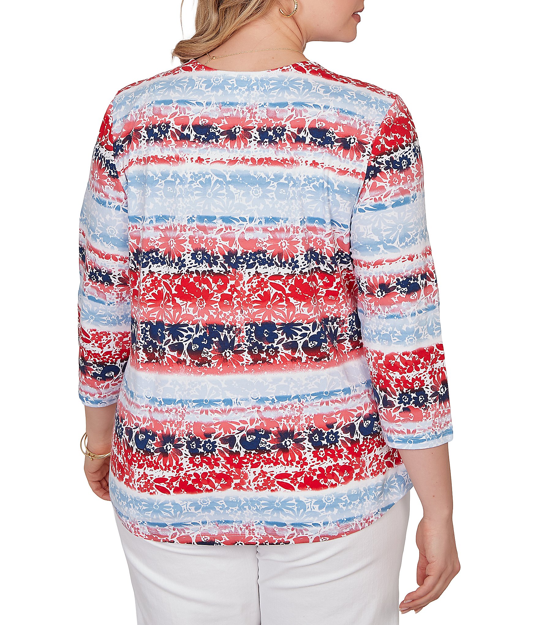 Ruby Rd. Plus Size Floral Stripe Envelope Neck 3/4 Sleeve Knit Top
