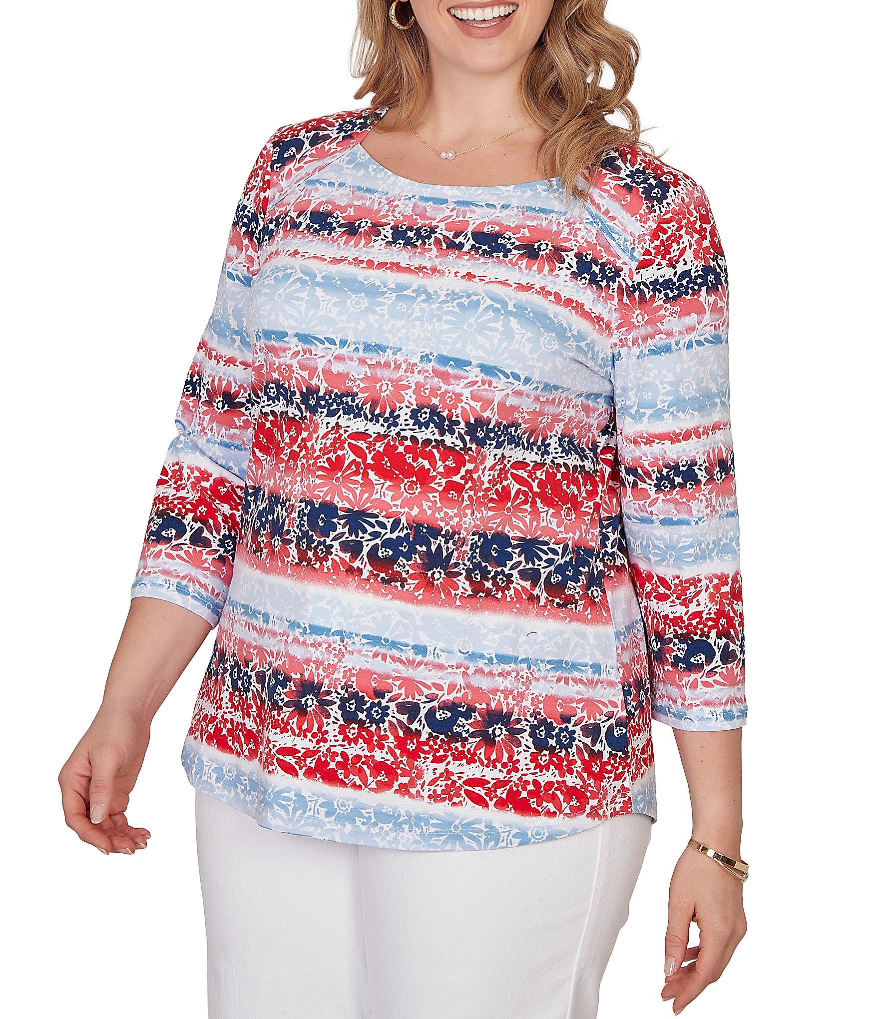 Ruby Rd. Plus Size Floral Stripe Envelope Neck 3/4 Sleeve Knit Top