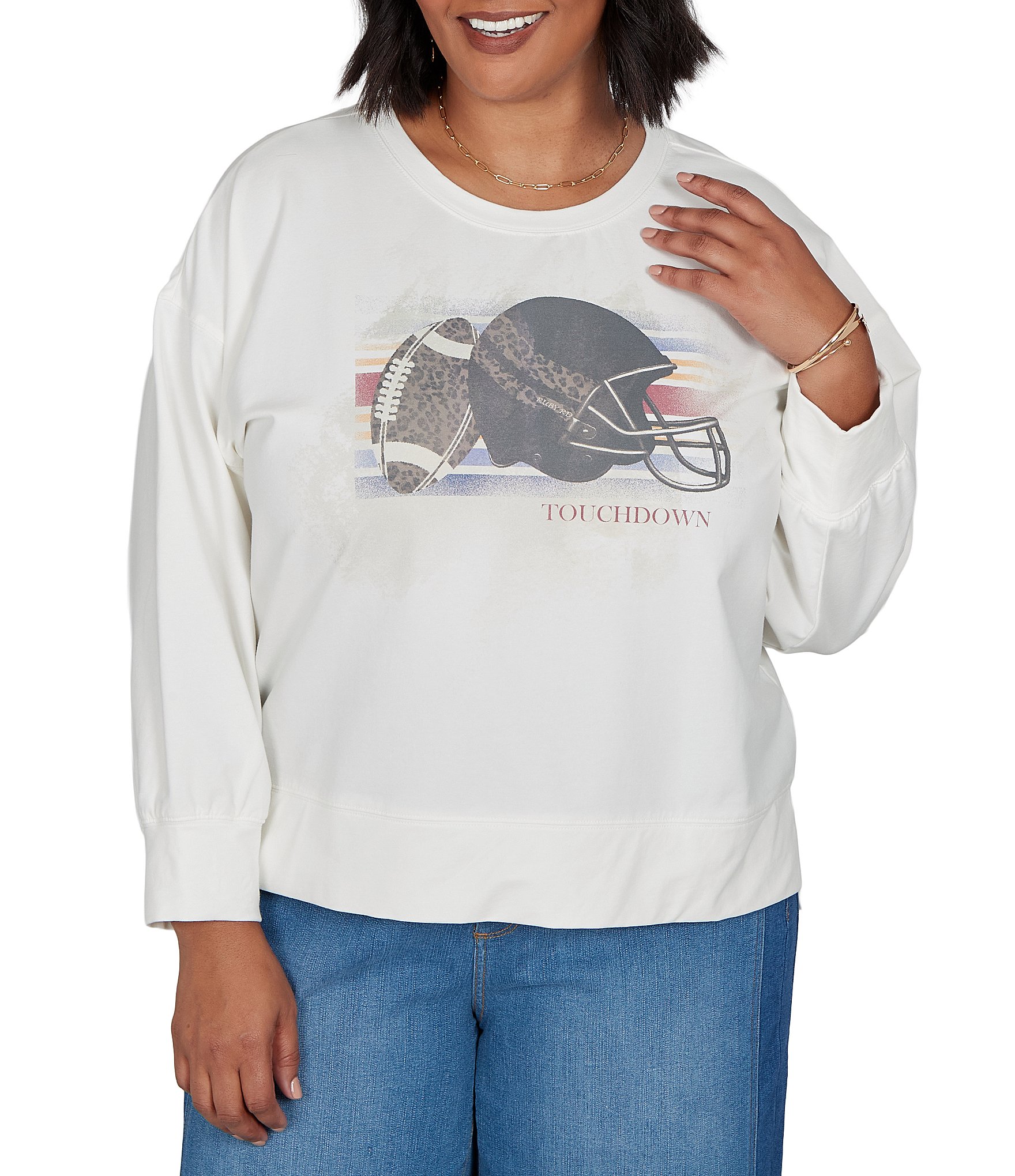 Ruby Rd. Plus Size French Terry Touchdown Scoop Neck Long Sleeve Pullover