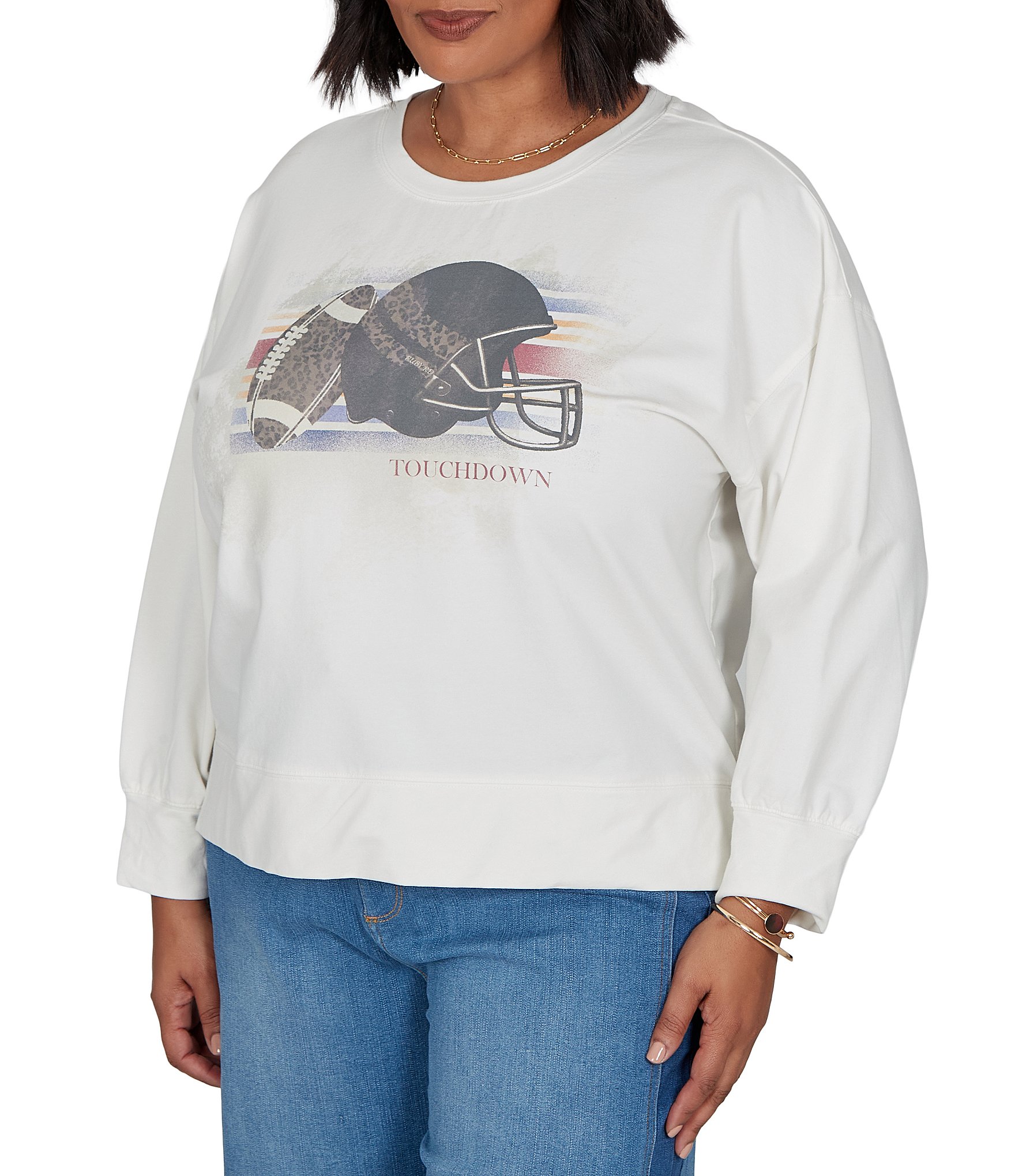 Ruby Rd. Plus Size French Terry Touchdown Scoop Neck Long Sleeve Pullover